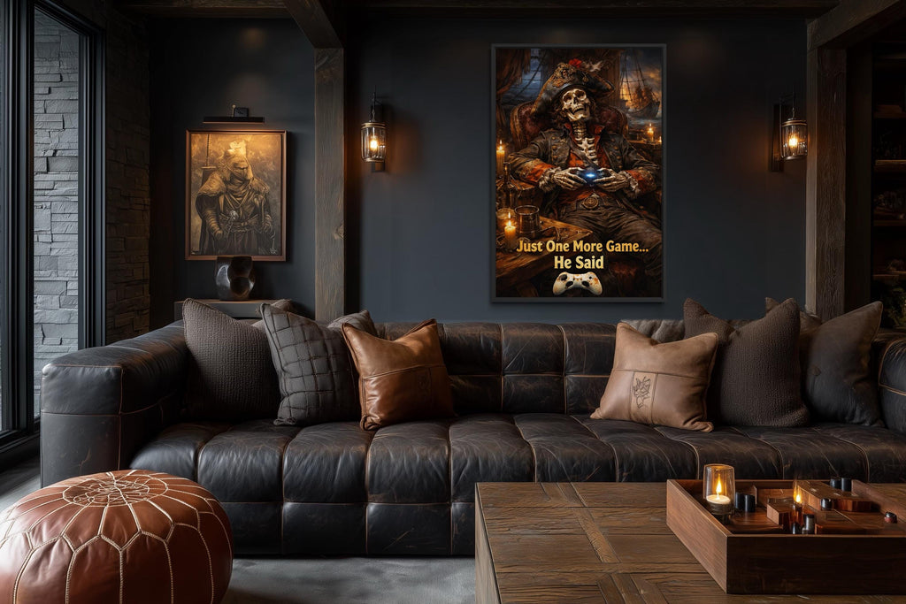 Pirate Skeleton Wall Art - Dark Gaming Canvas With Just One More Game Quote Print