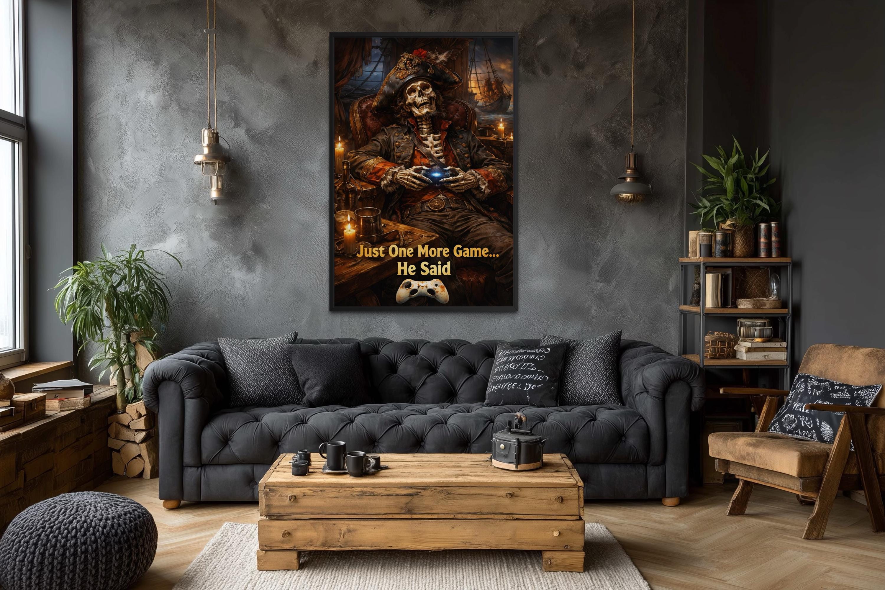 Pirate Skeleton Wall Art - Dark Gaming Canvas With Just One More Game Quote Print