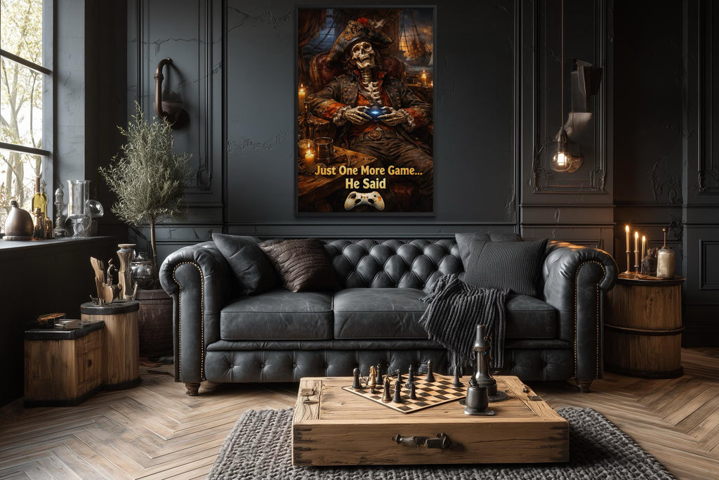 Pirate Skeleton Wall Art - Dark Gaming Canvas With Just One More Game Quote Print