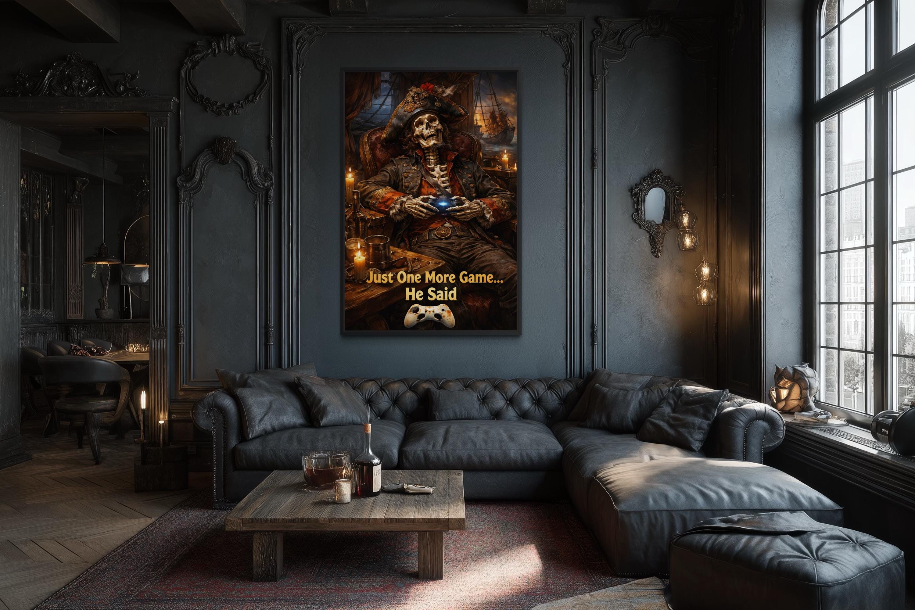 Pirate Skeleton Wall Art - Dark Gaming Canvas With Just One More Game Quote Print