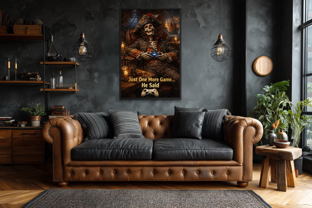 Pirate Skeleton Wall Art - Dark Gaming Canvas With Just One More Game Quote Print