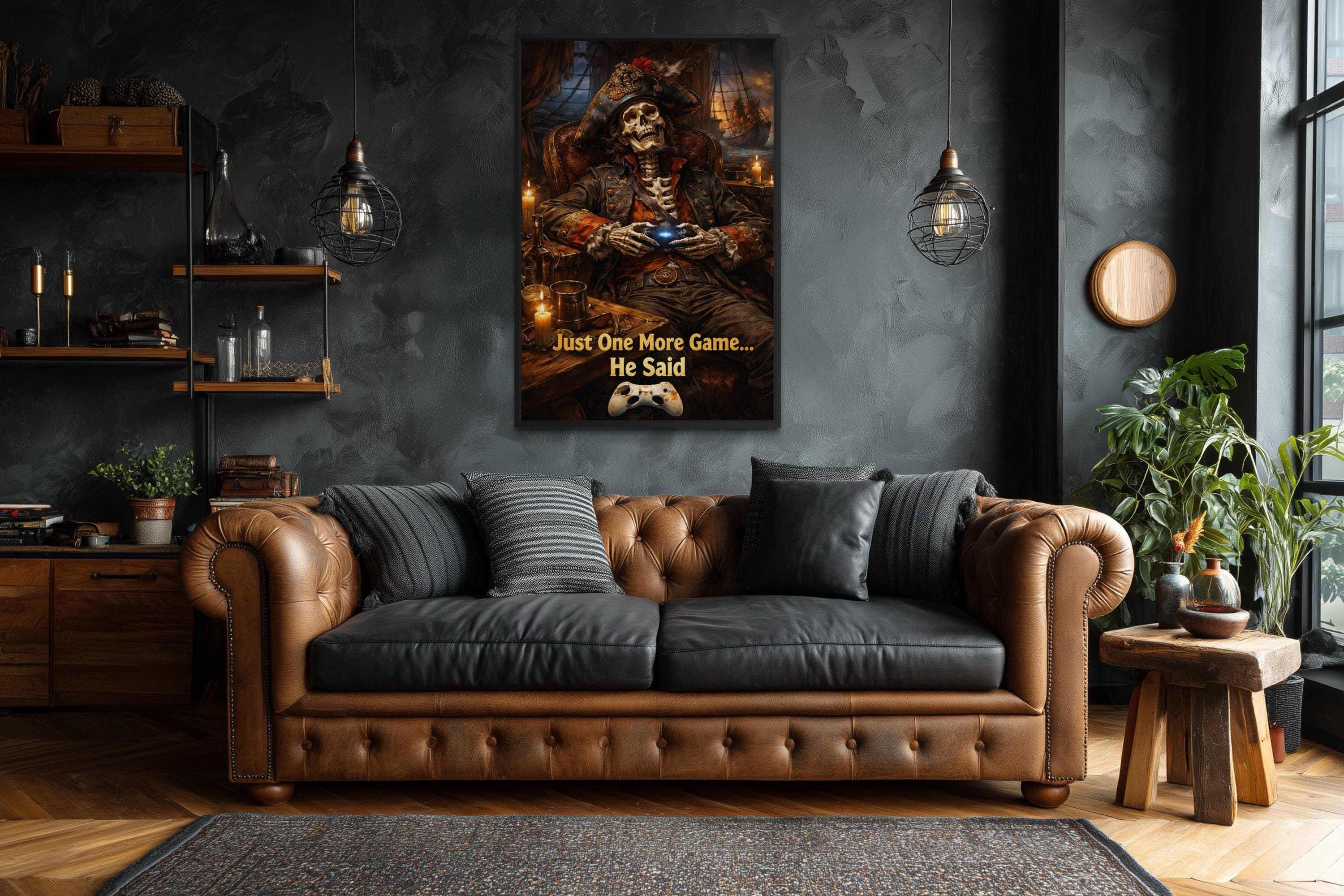 Pirate Skeleton Wall Art - Dark Gaming Canvas With Just One More Game Quote Print