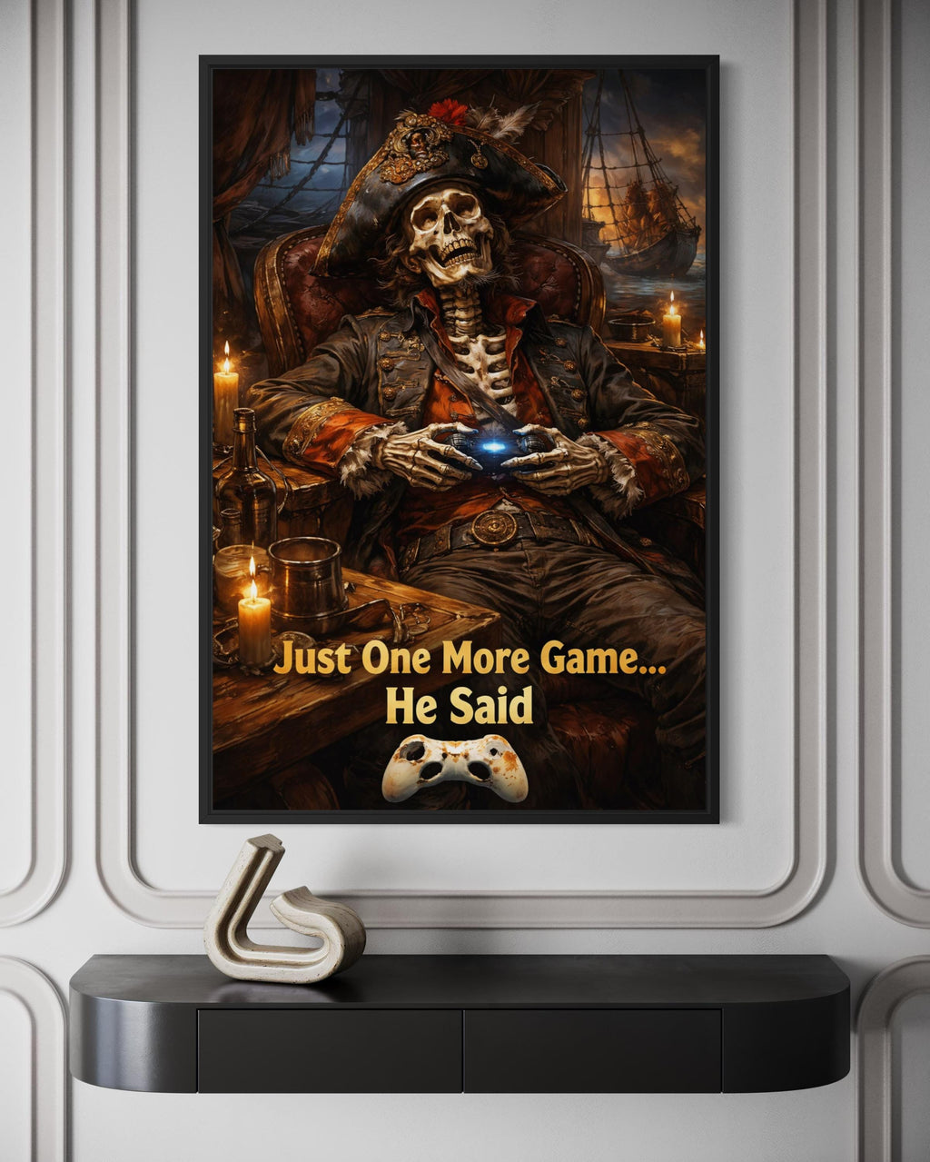 Pirate Skeleton Wall Art - Dark Gaming Canvas With Just One More Game Quote Print
