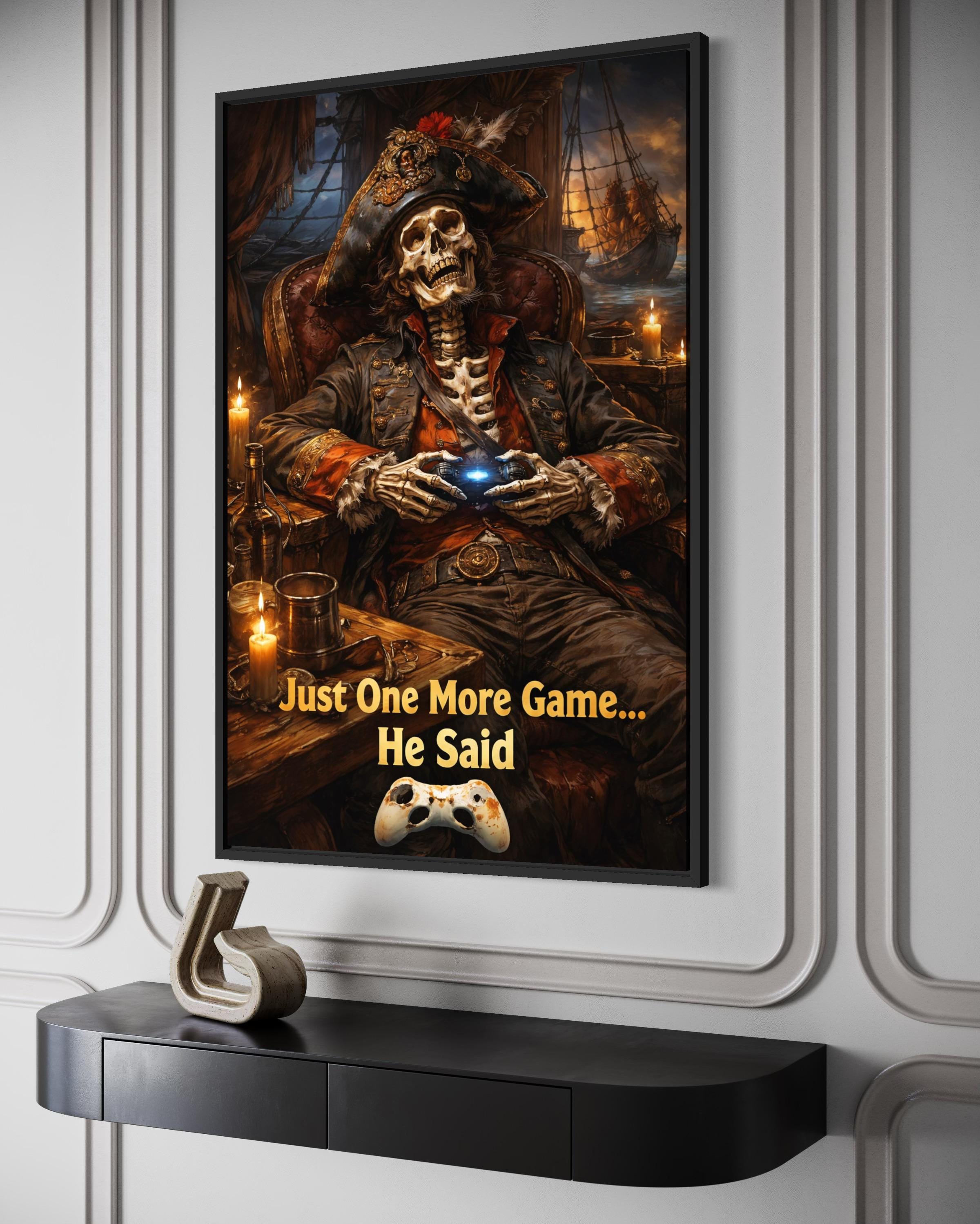 Pirate Skeleton Wall Art - Dark Gaming Canvas With Just One More Game Quote Print