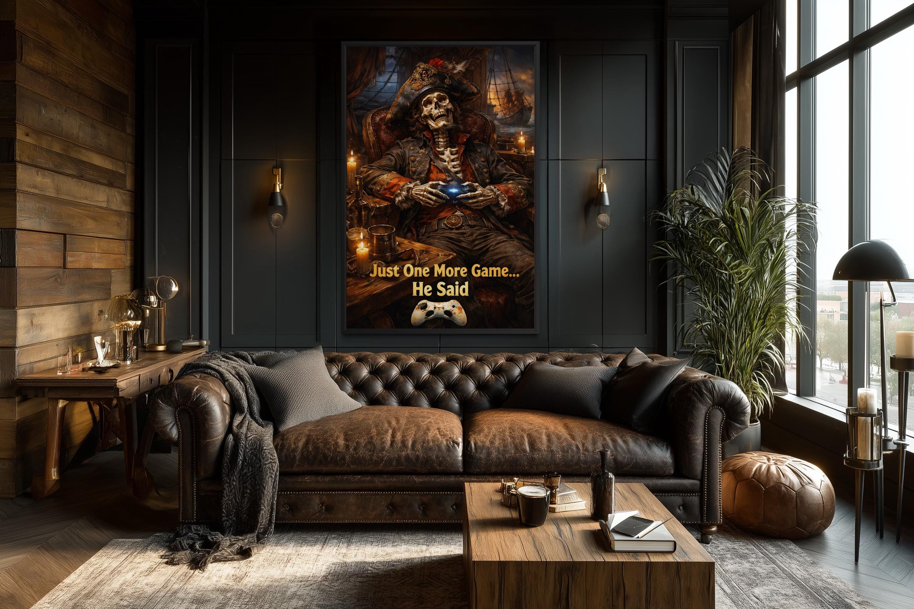 Pirate Skeleton Wall Art - Dark Gaming Canvas With Just One More Game Quote Print