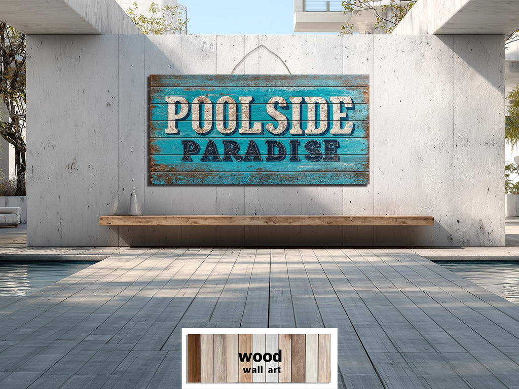 Pool Sign Distressed Wood Wall Art – Poolside Decor | Rustic Outdoor Patio Sign