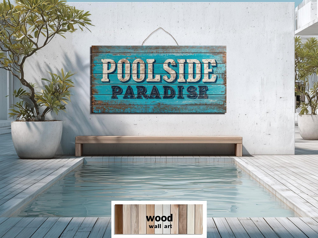 Pool Sign Distressed Wood Wall Art – Poolside Decor | Rustic Outdoor Patio Sign