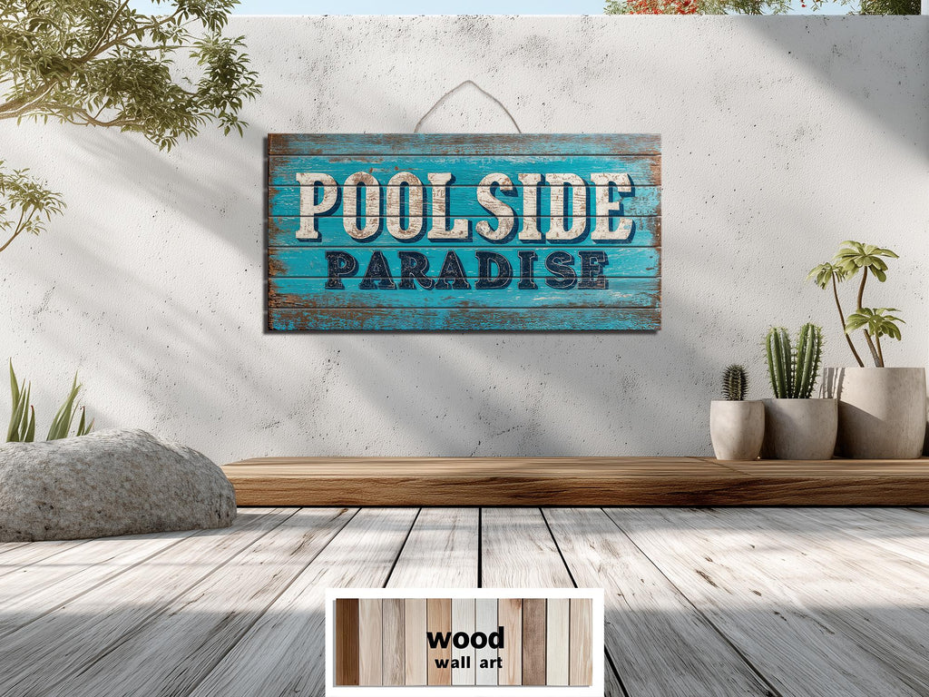 Pool Sign Distressed Wood Wall Art – Poolside Decor | Rustic Outdoor Patio Sign
