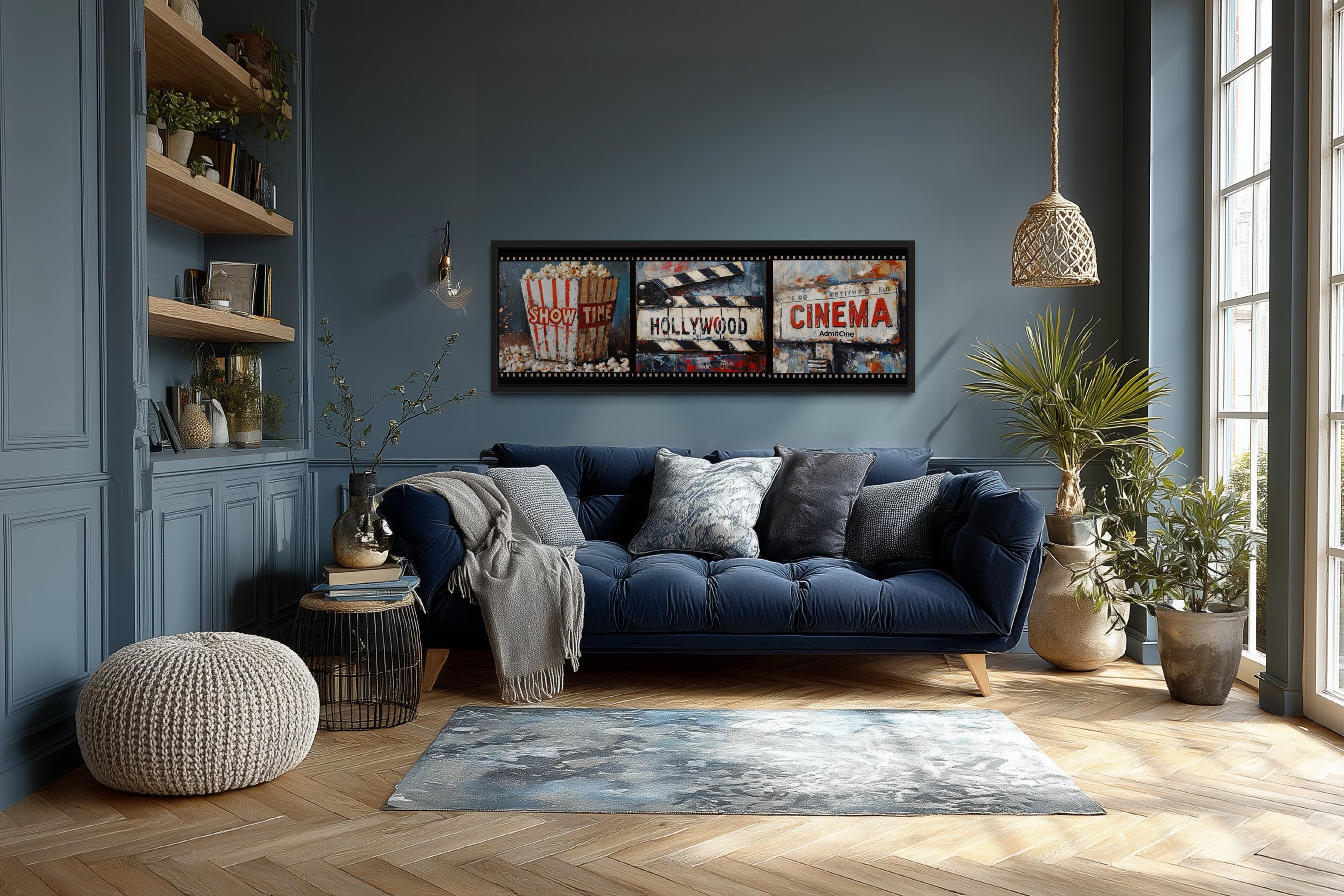Popcorn, Clapper And Cinema Ticket Collage Framed Canvas Wall Art For Movie Room