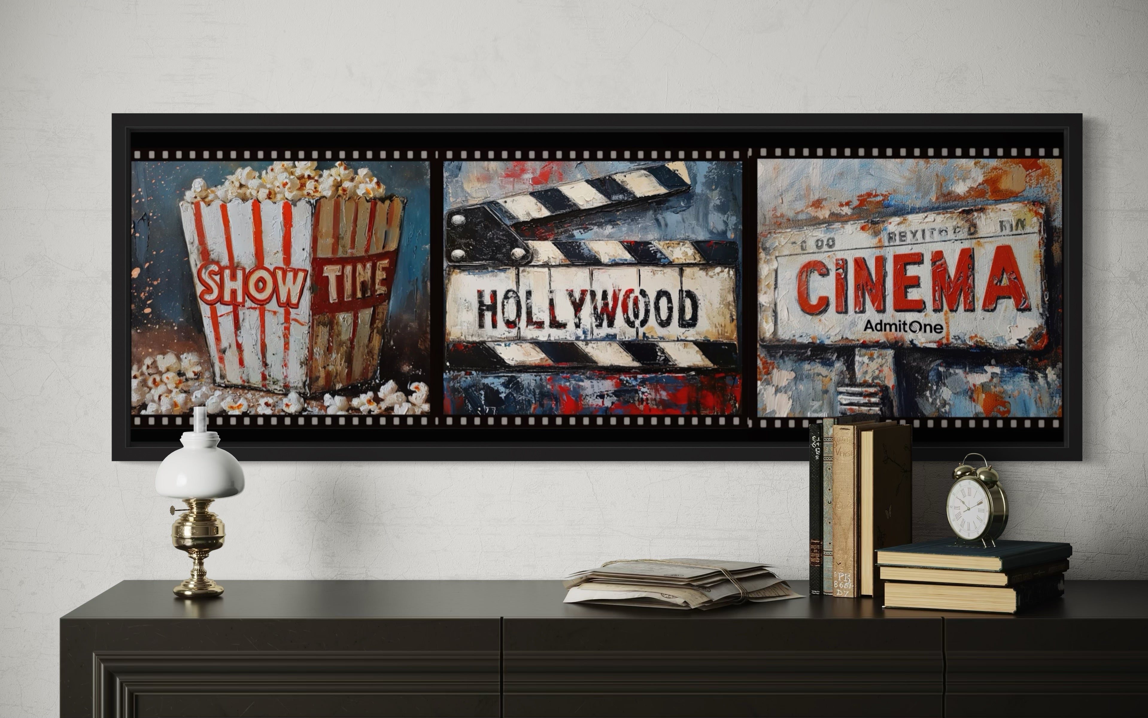 Popcorn, Clapper And Cinema Ticket Collage Framed Canvas Wall Art For Movie Room