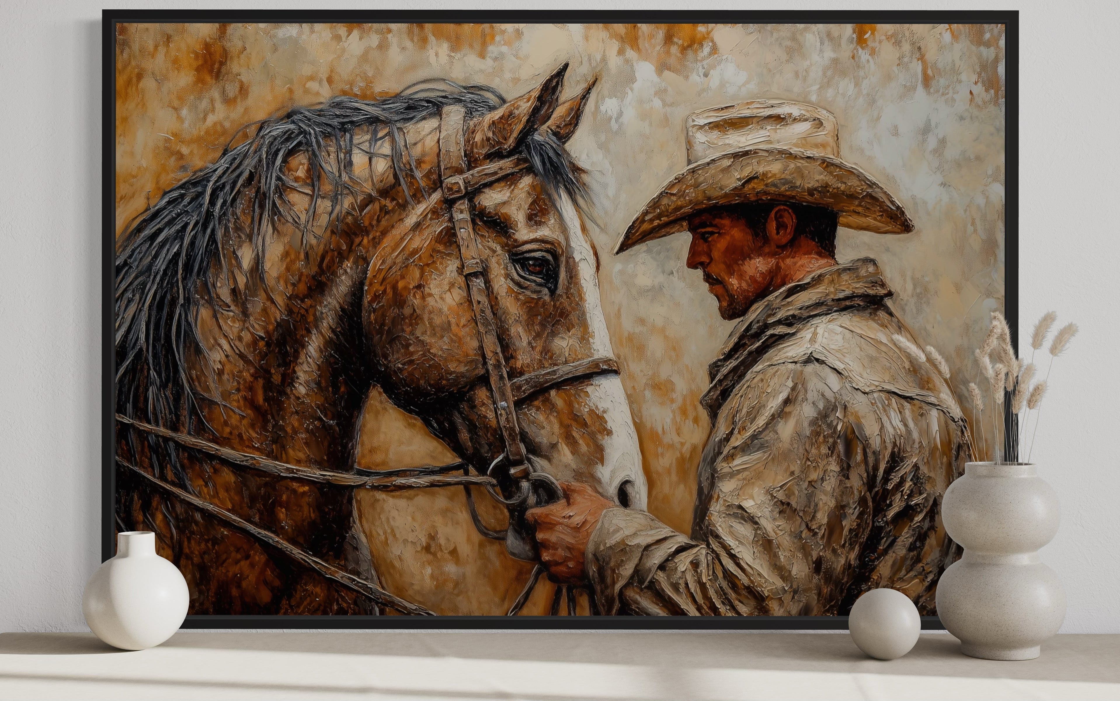 Portrait Of A Cowboy And His Horse Western Framed Canvas Wall Art