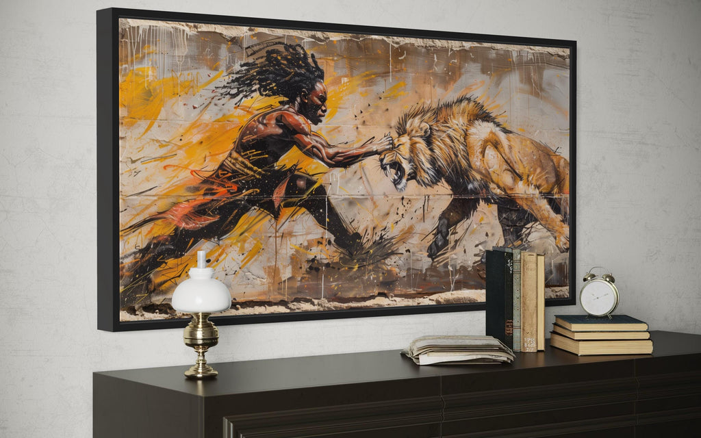 Powerful African Hero Vs. Lion Battle Framed Canvas Wall Art