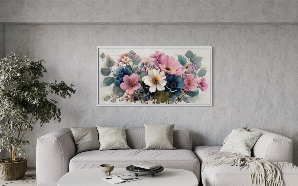 Pretty Blue Pink Wildflowers Bouquet Framed Canvas Wall Art