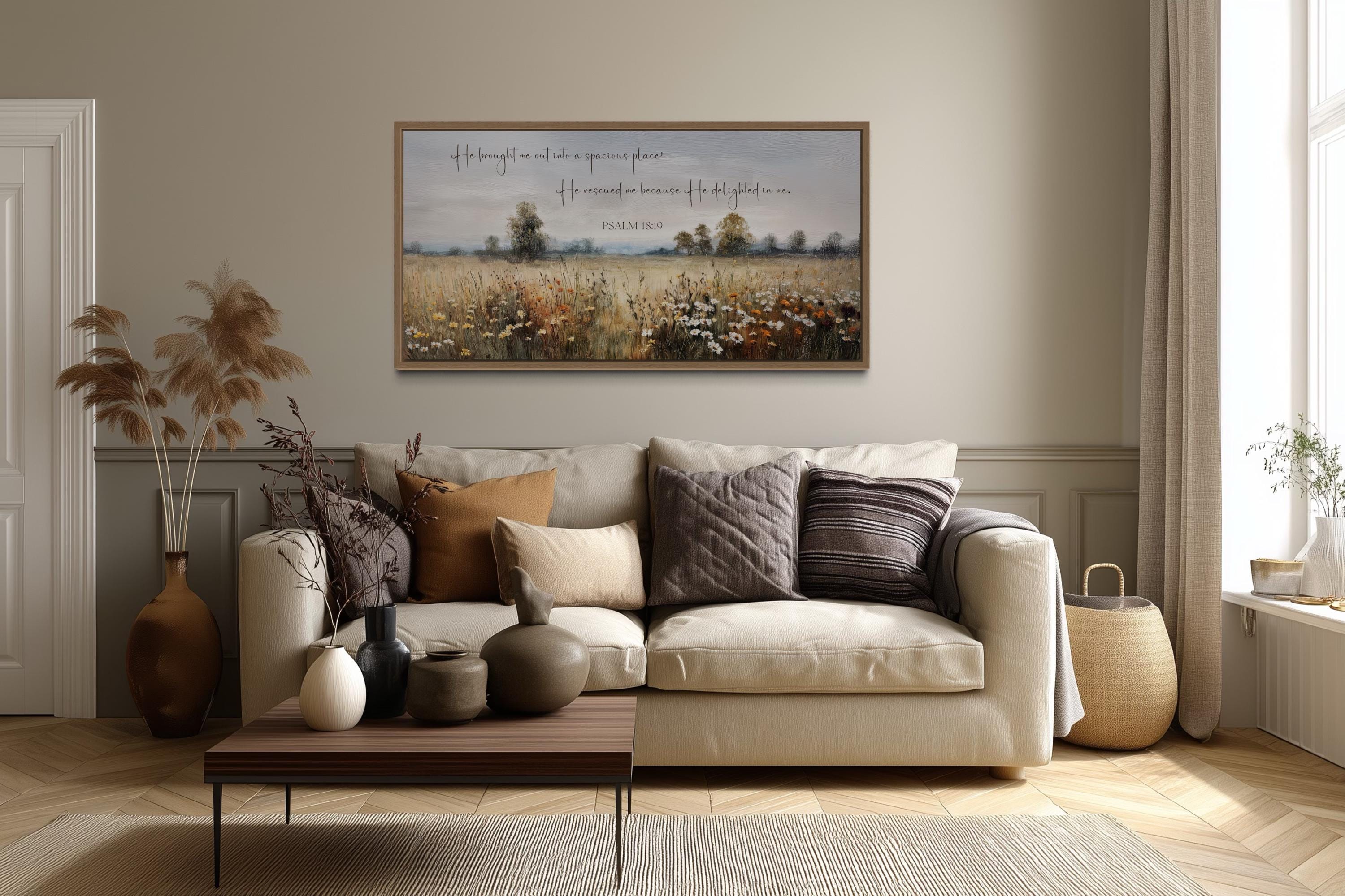 Psalm 18:19 Wall Art, He Brought Me Out Into a Spacious Place Scripture On Wildflowers Field Framed Canvas Wall Art