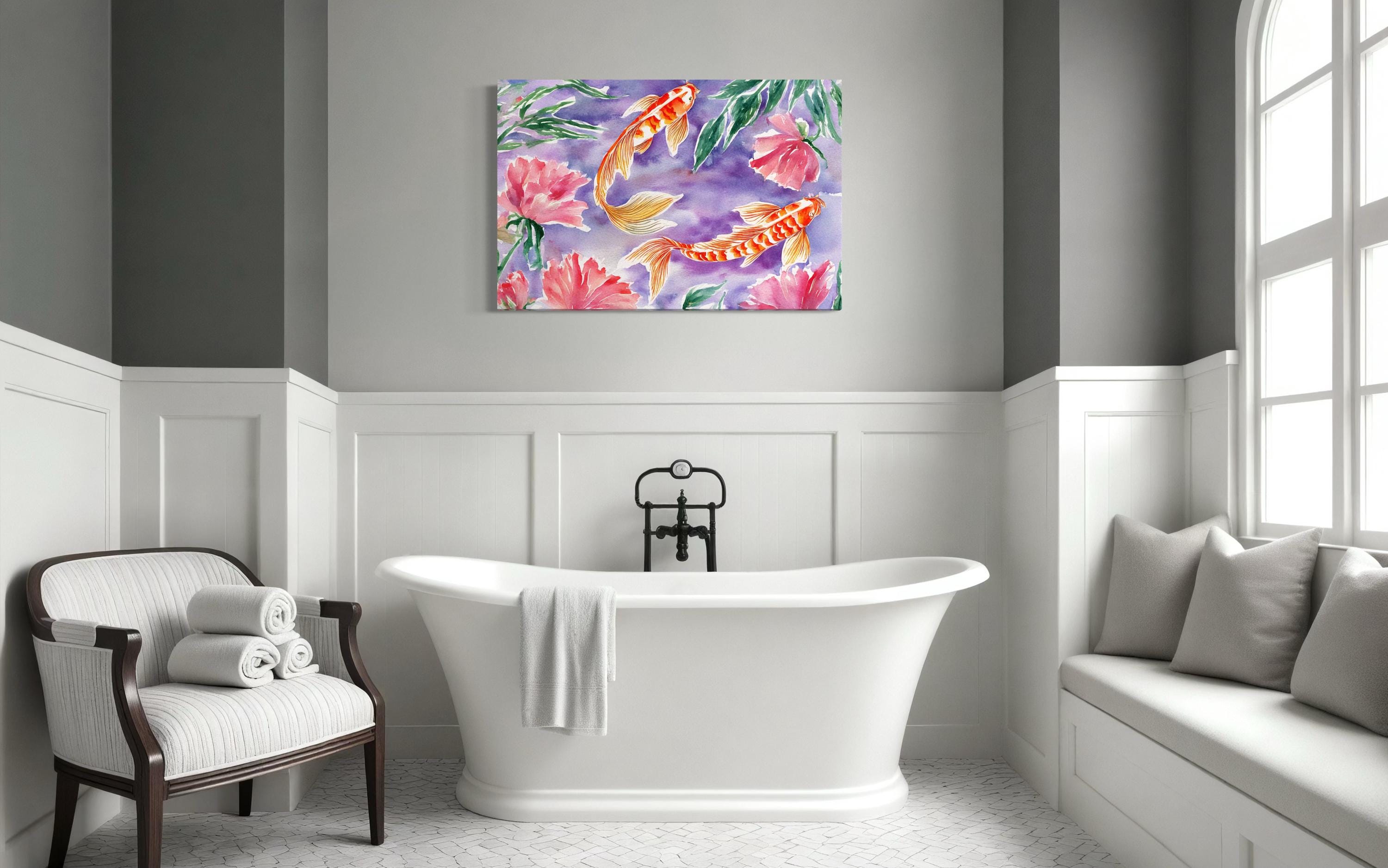 Purple Koi Fish Wall Art - Elegant Japanese Watercolor Wall Art