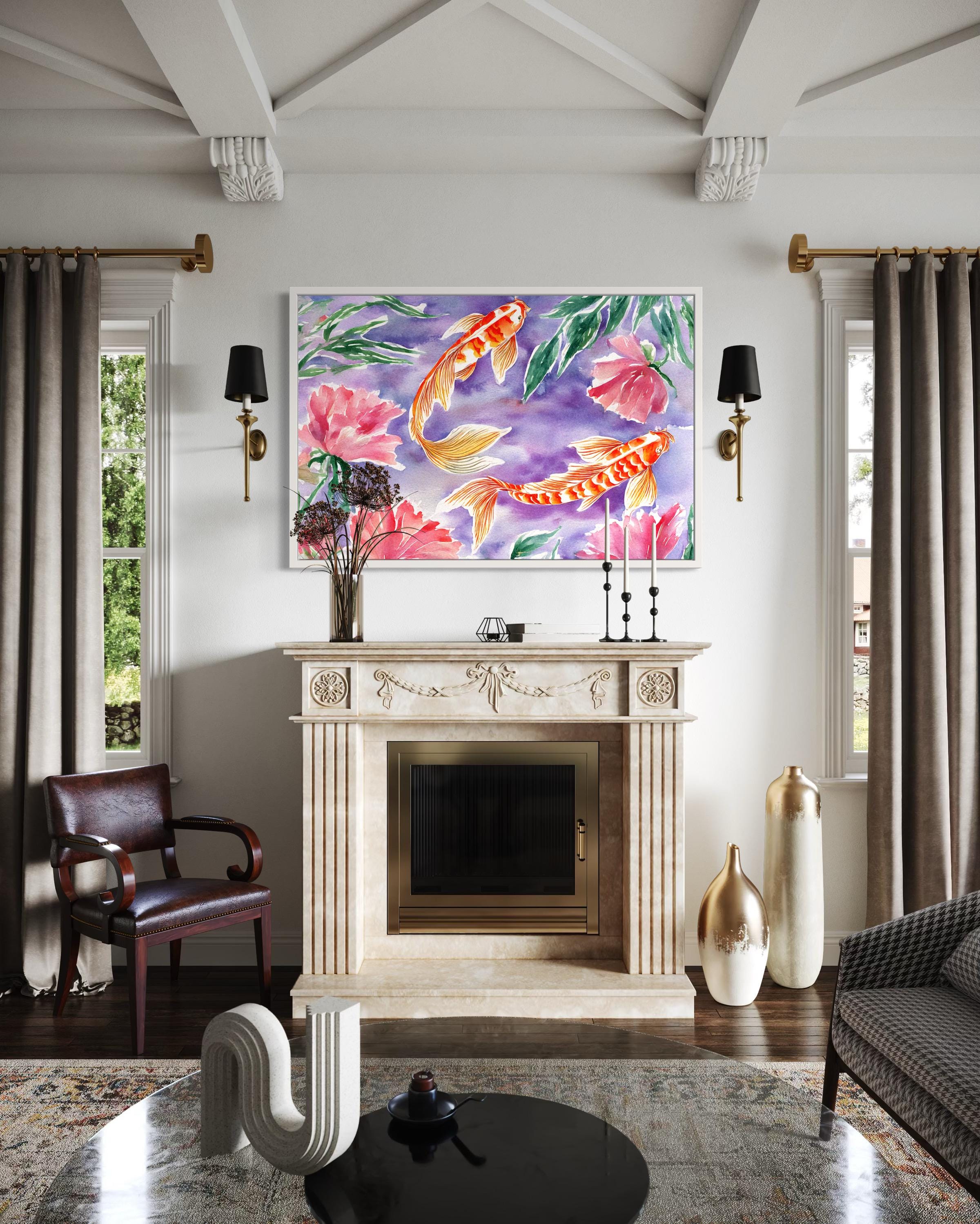 Purple Koi Fish Wall Art - Elegant Japanese Watercolor Wall Art
