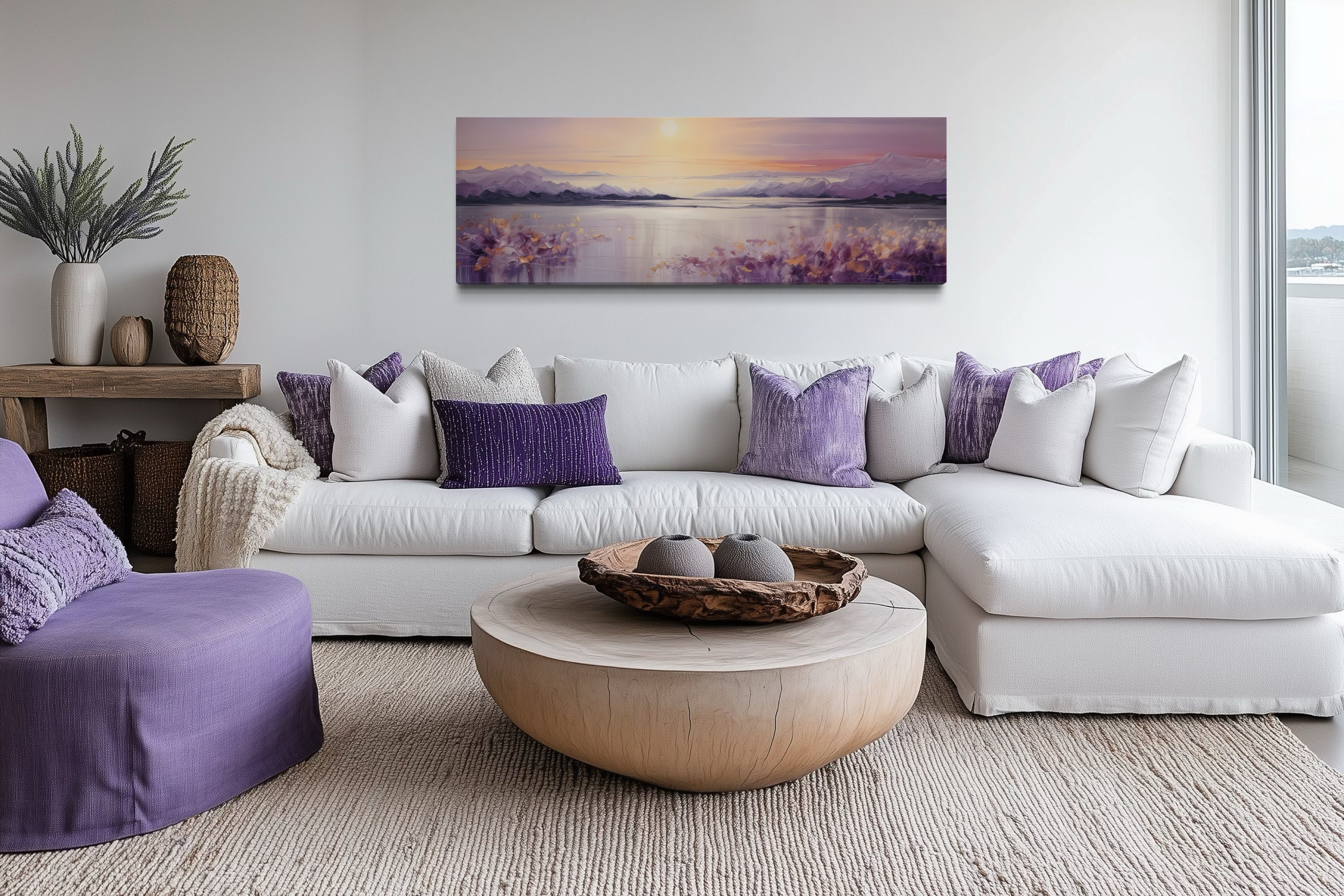 Purple Mountain Lake Sunset Painting long Horizontal Wall Art