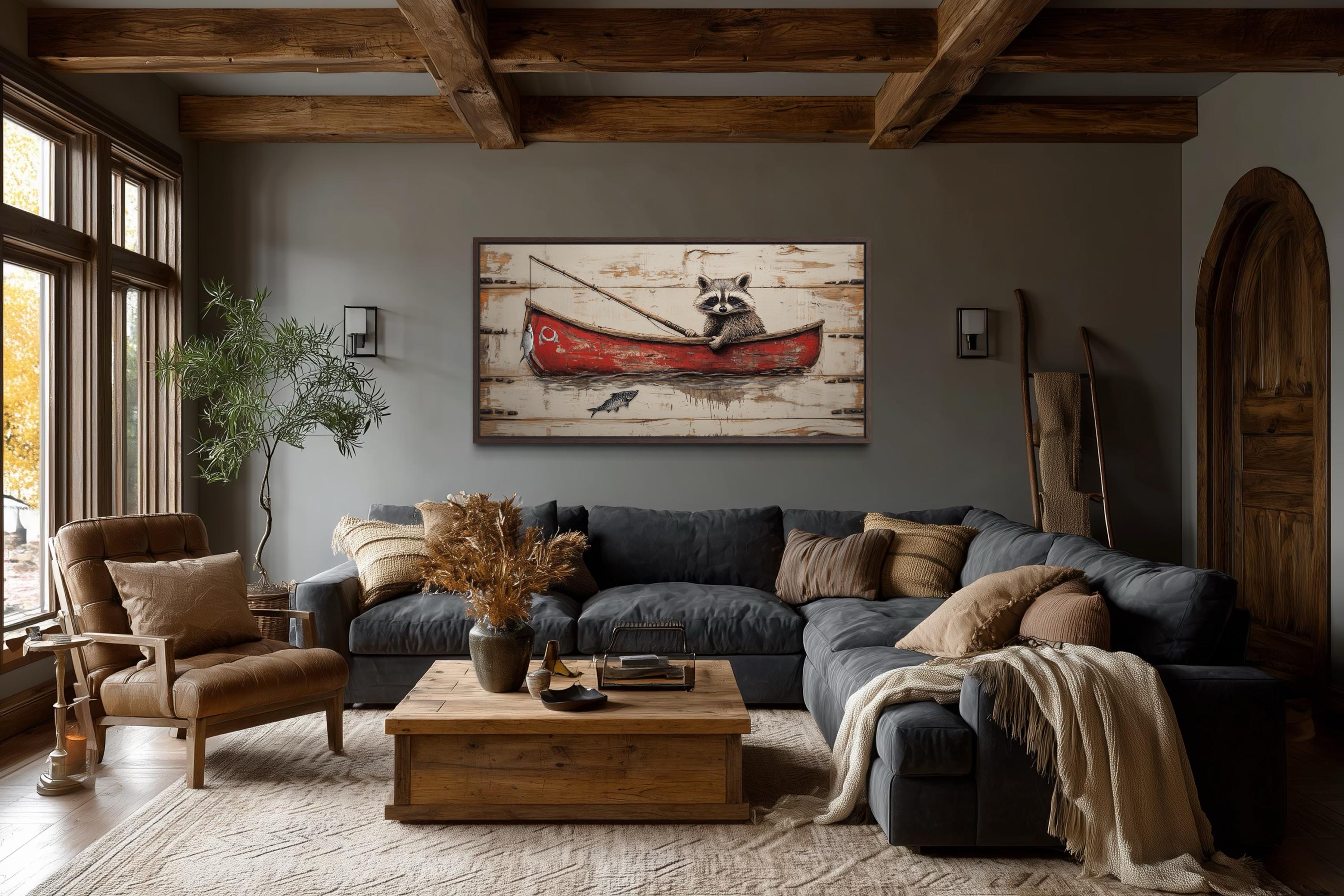 Raccoon Fishing Wall Art | Whimsical Red Boat Artwork for Cozy Cabin & Lake House Wall Decor