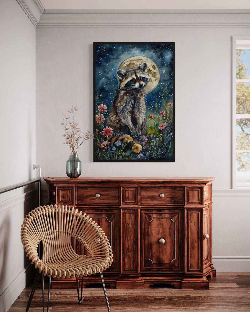 Raccoon in The Meadow At Night Under Moon Framed Canvas Wall Art