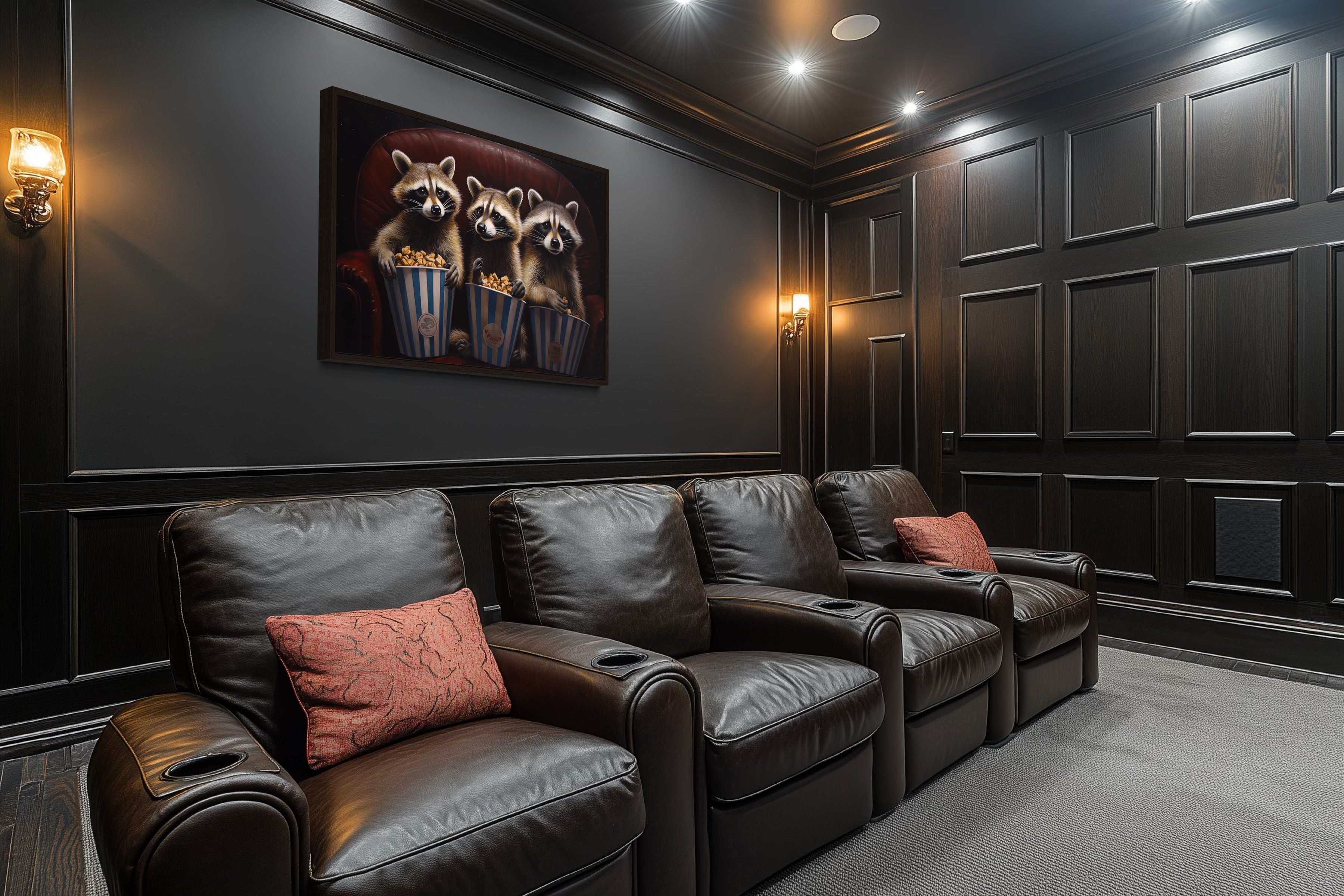 Raccoons In Movie Theater Eating Popcorn Home Theater Framed Canvas Wall Art