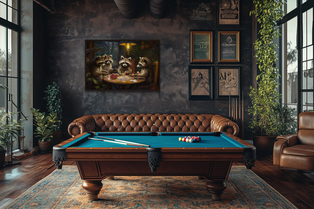 Raccoons Playing Poker Framed Canvas Wall Art For Man Cave Decor