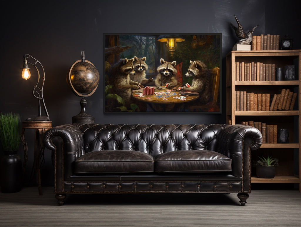 Raccoons Playing Poker Framed Canvas Wall Art For Man Cave Decor