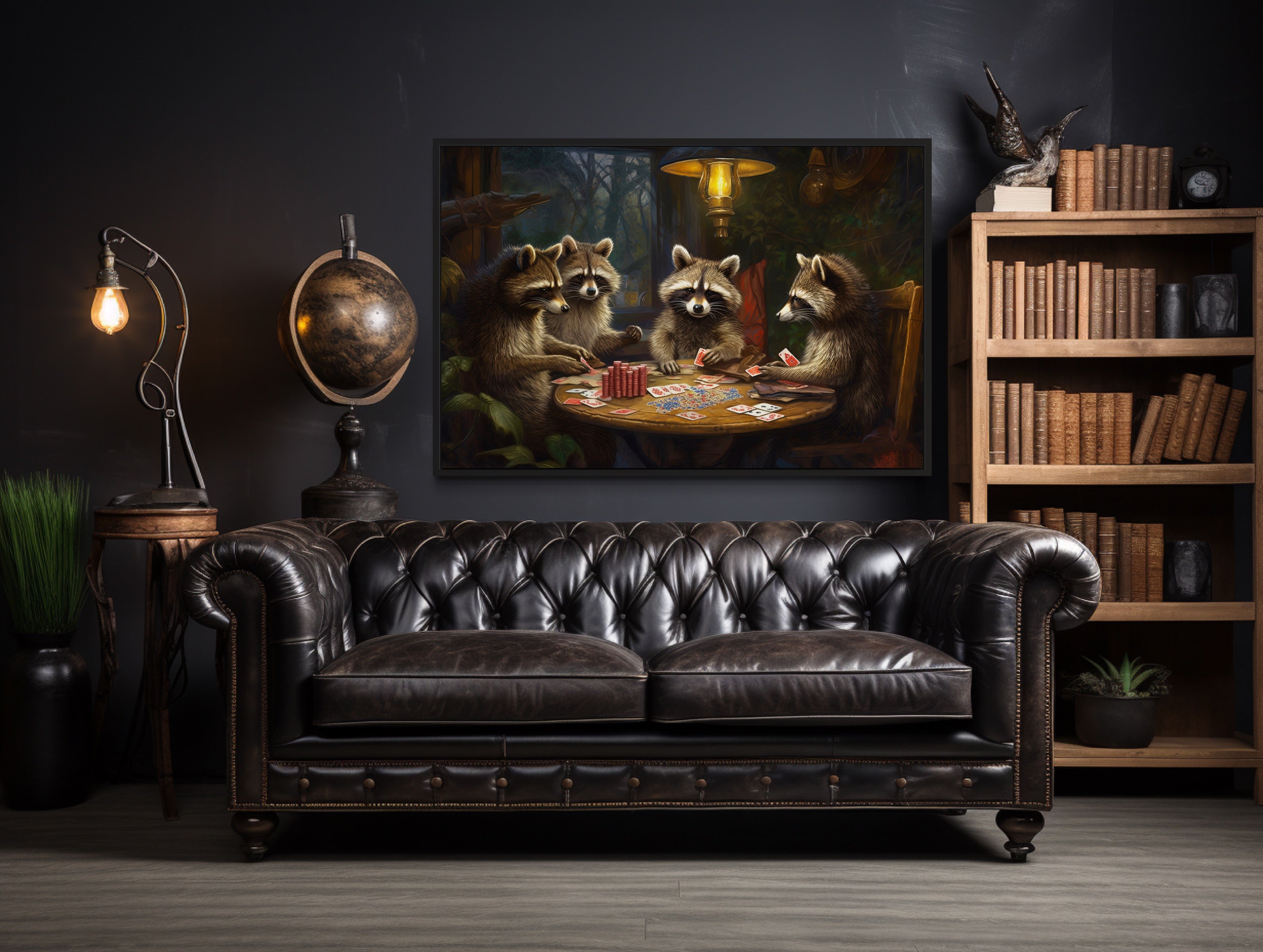 Raccoons Playing Poker Framed Canvas Wall Art For Man Cave Decor