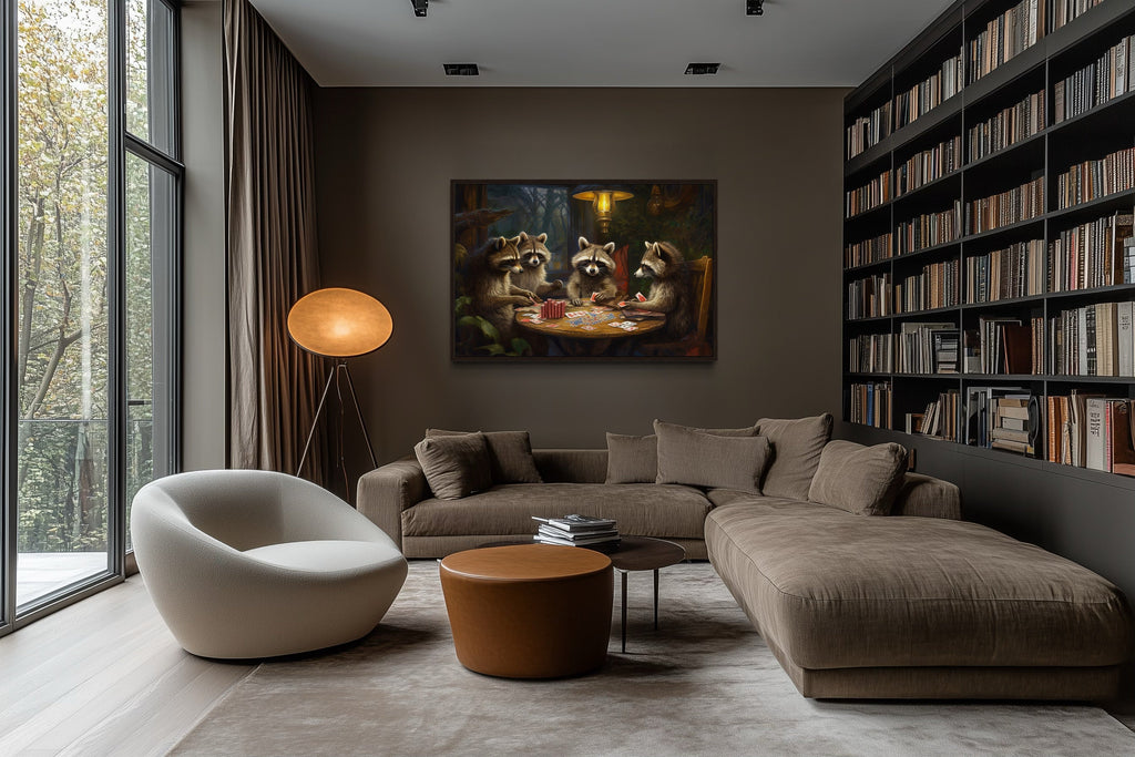 Raccoons Playing Poker Framed Canvas Wall Art For Man Cave Decor