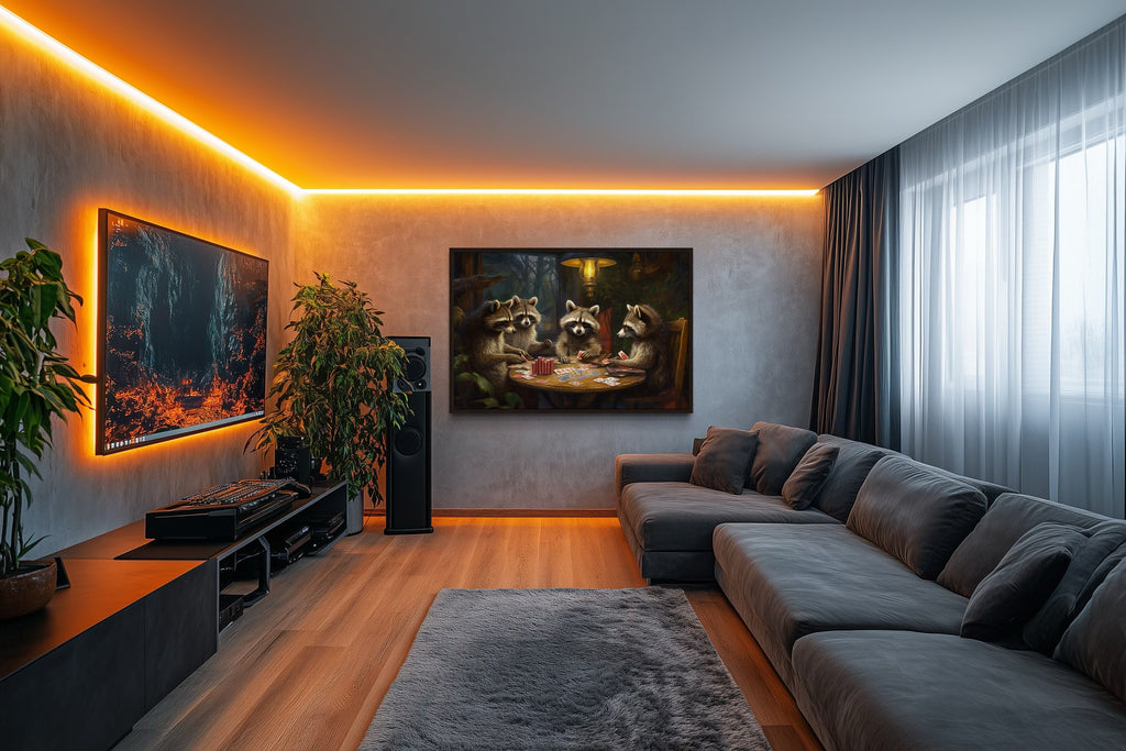 Raccoons Playing Poker Framed Canvas Wall Art For Man Cave Decor