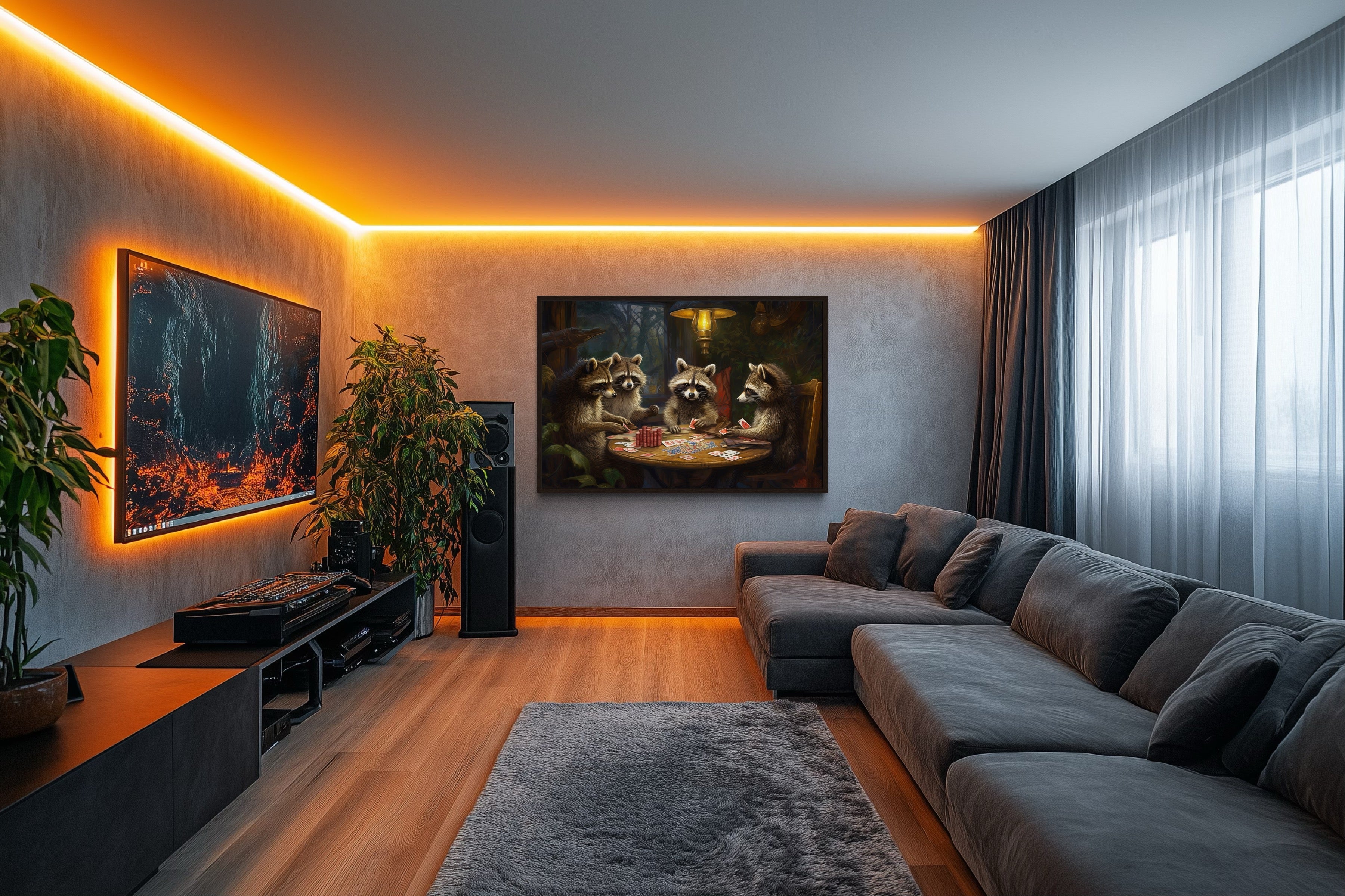 Raccoons Playing Poker Framed Canvas Wall Art For Man Cave Decor