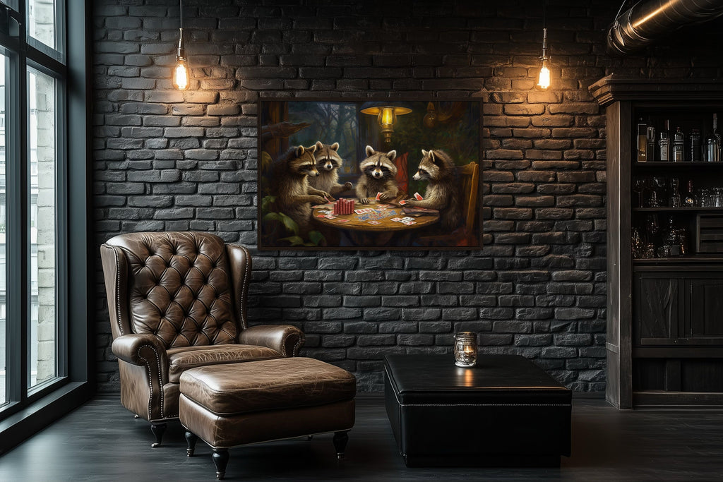 Raccoons Playing Poker Framed Canvas Wall Art For Man Cave Decor