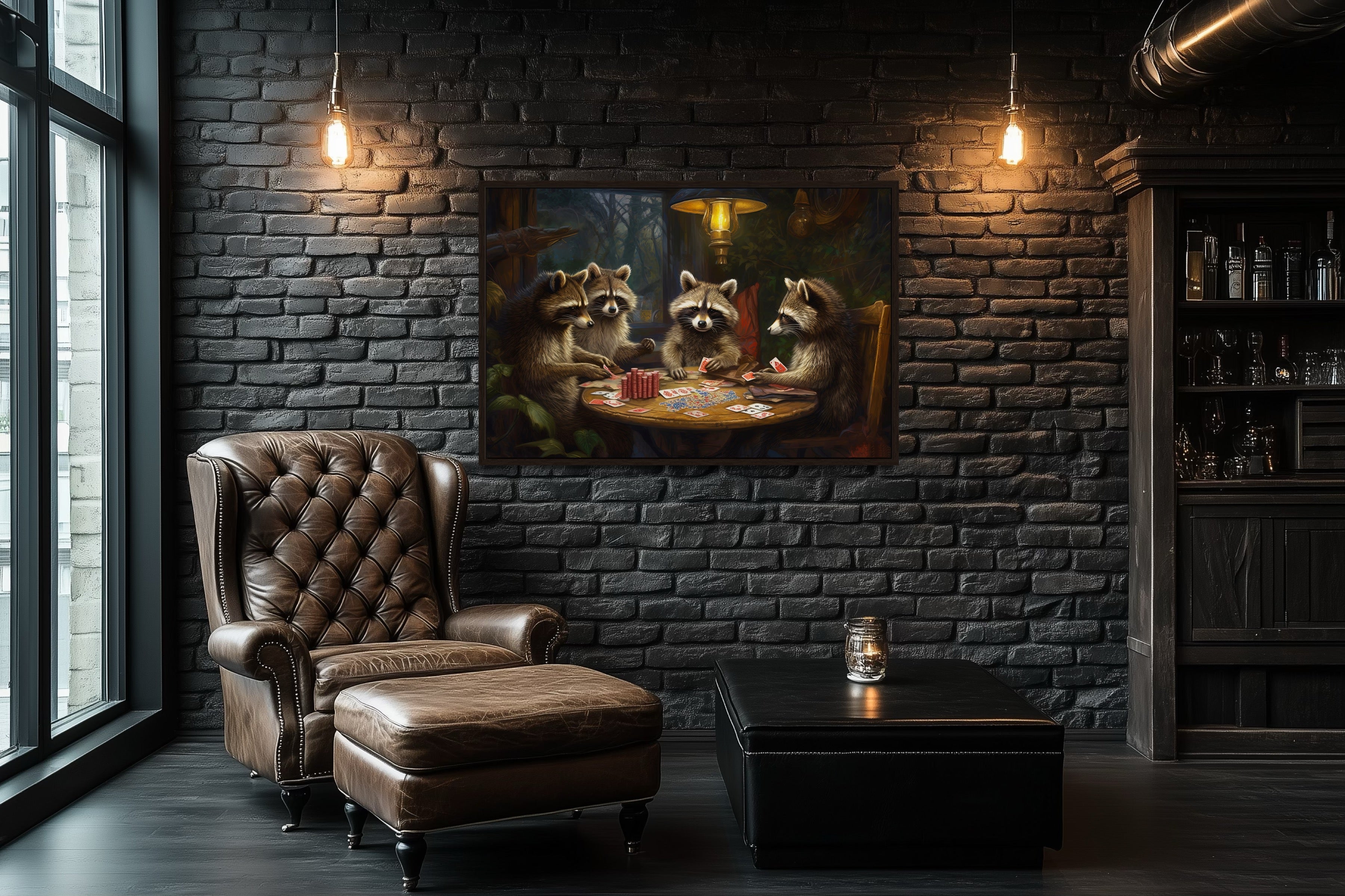 Raccoons Playing Poker Framed Canvas Wall Art For Man Cave Decor