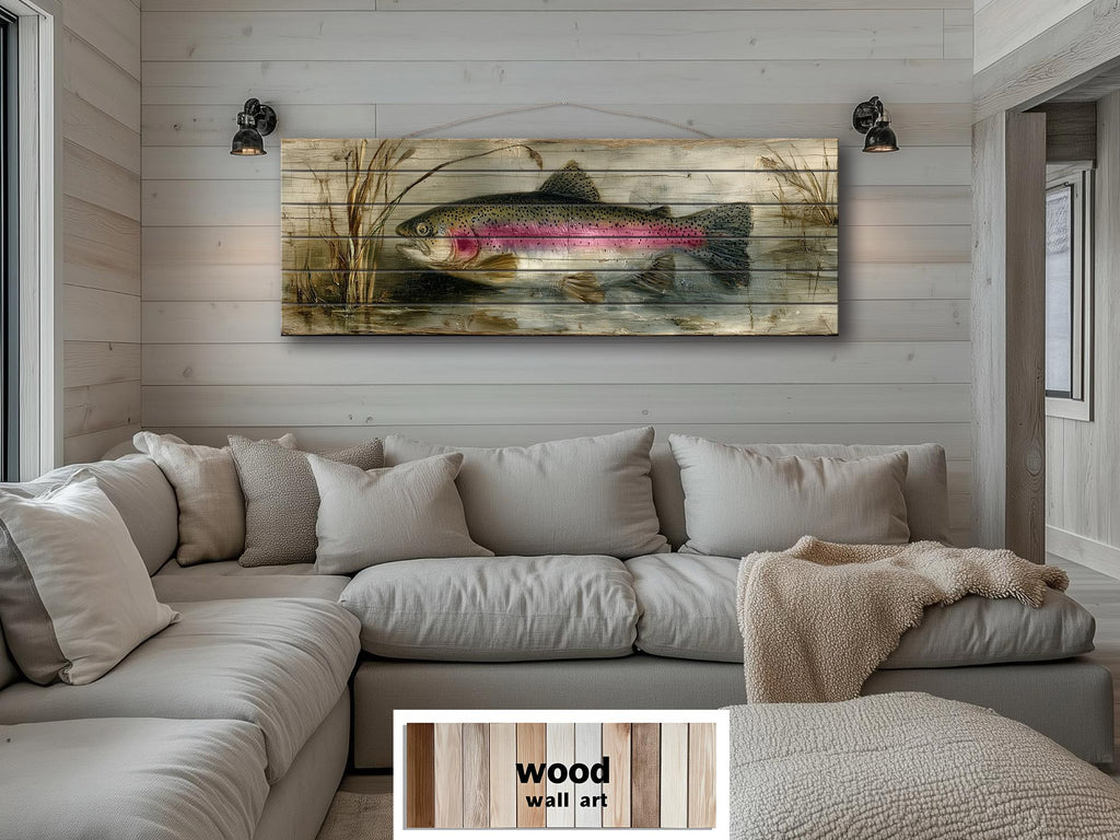 Rainbow Trout Lake Scene Distressed Wood Wall Art – | Rustic Cabin Decor, Lake House Scene