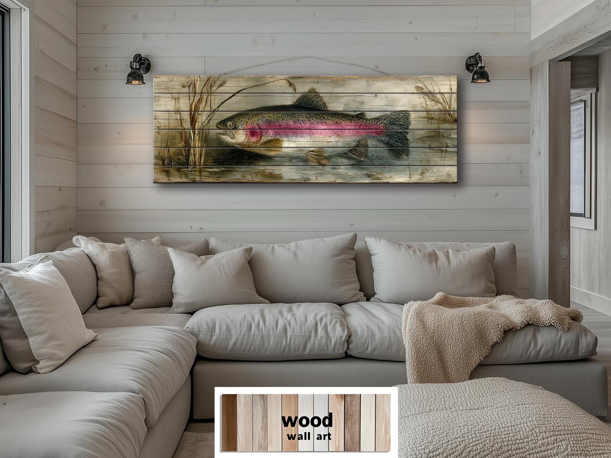 Rainbow Trout Lake Scene Distressed Wood Wall Art – | Rustic Cabin Decor, Lake House Scene