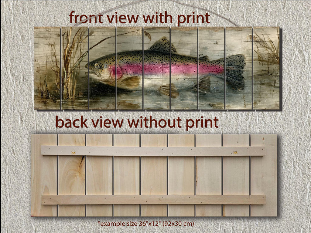 Rainbow Trout Lake Scene Distressed Wood Wall Art – | Rustic Cabin Decor, Lake House Scene
