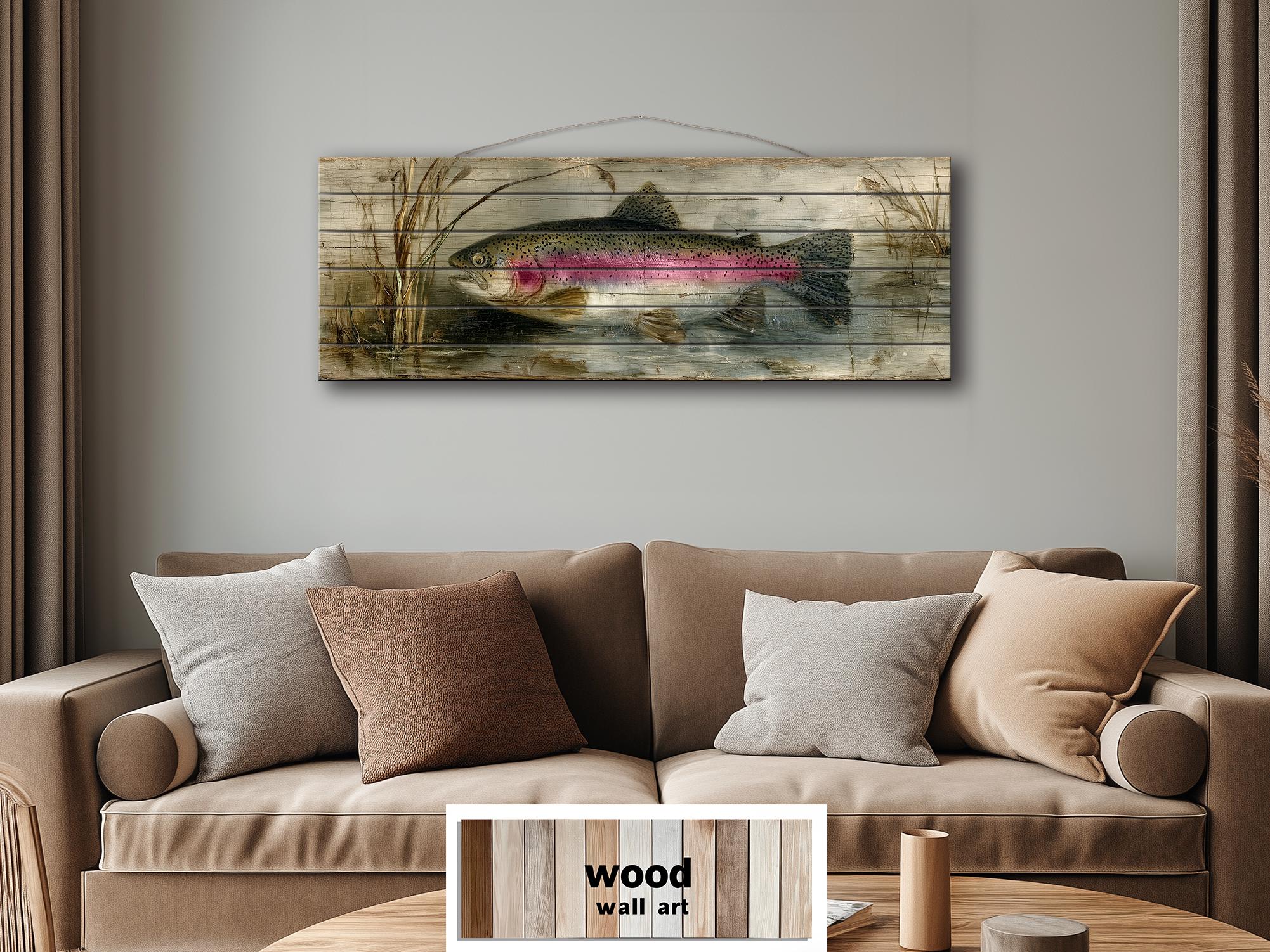 Rainbow Trout Lake Scene Distressed Wood Wall Art – | Rustic Cabin Decor, Lake House Scene