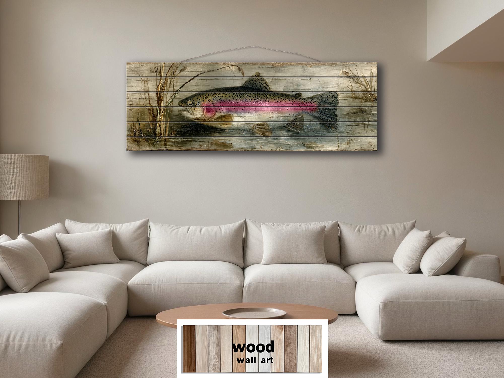 Rainbow Trout Lake Scene Distressed Wood Wall Art – | Rustic Cabin Decor, Lake House Scene