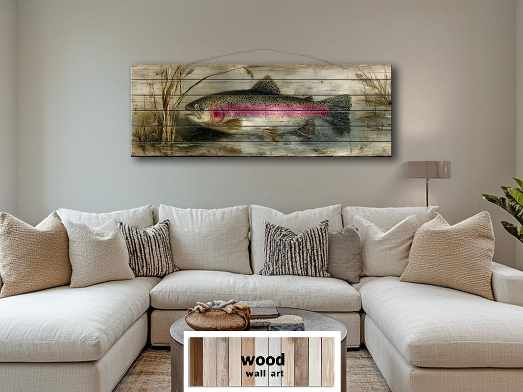 Rainbow Trout Lake Scene Distressed Wood Wall Art – | Rustic Cabin Decor, Lake House Scene