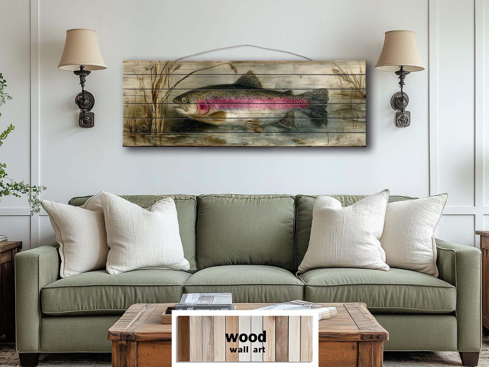Rainbow Trout Lake Scene Distressed Wood Wall Art – | Rustic Cabin Decor, Lake House Scene