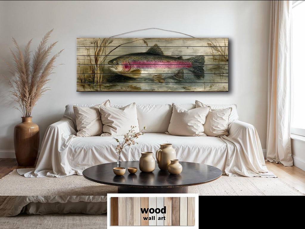 Rainbow Trout Lake Scene Distressed Wood Wall Art – | Rustic Cabin Decor, Lake House Scene