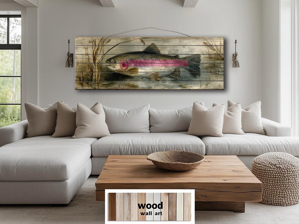 Rainbow Trout Lake Scene Distressed Wood Wall Art – | Rustic Cabin Decor, Lake House Scene