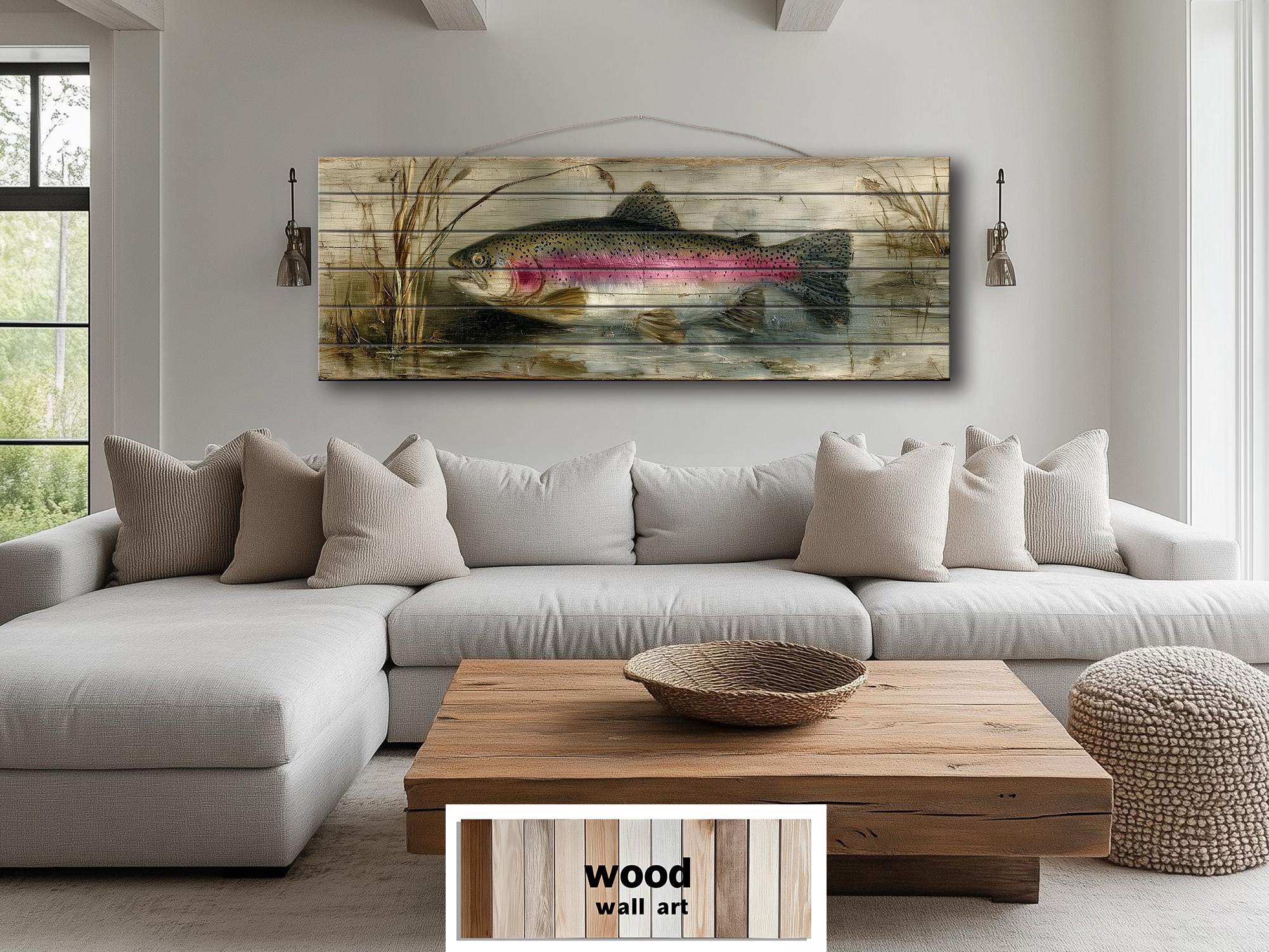 Rainbow Trout Lake Scene Distressed Wood Wall Art – | Rustic Cabin Decor, Lake House Scene