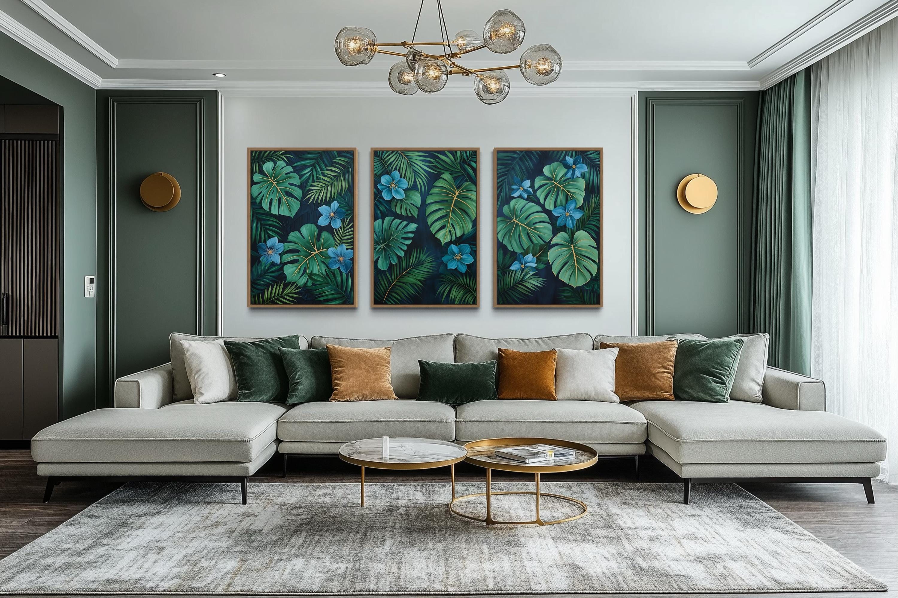 Rainforest Canvas Wall Art – Set of 3 Tropical Botanical Prints | Green Gold Blue