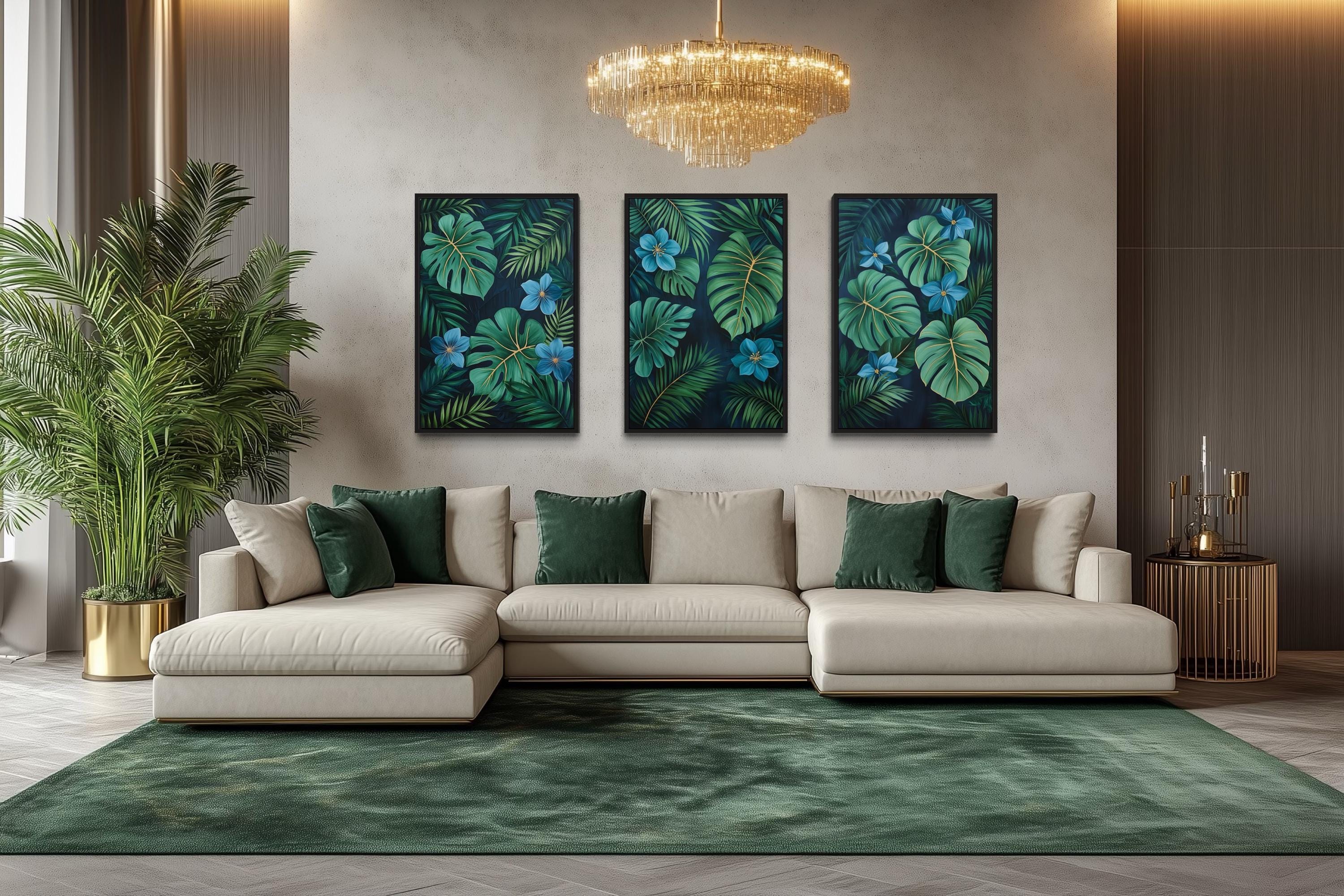 Rainforest Canvas Wall Art – Set of 3 Tropical Botanical Prints | Green Gold Blue