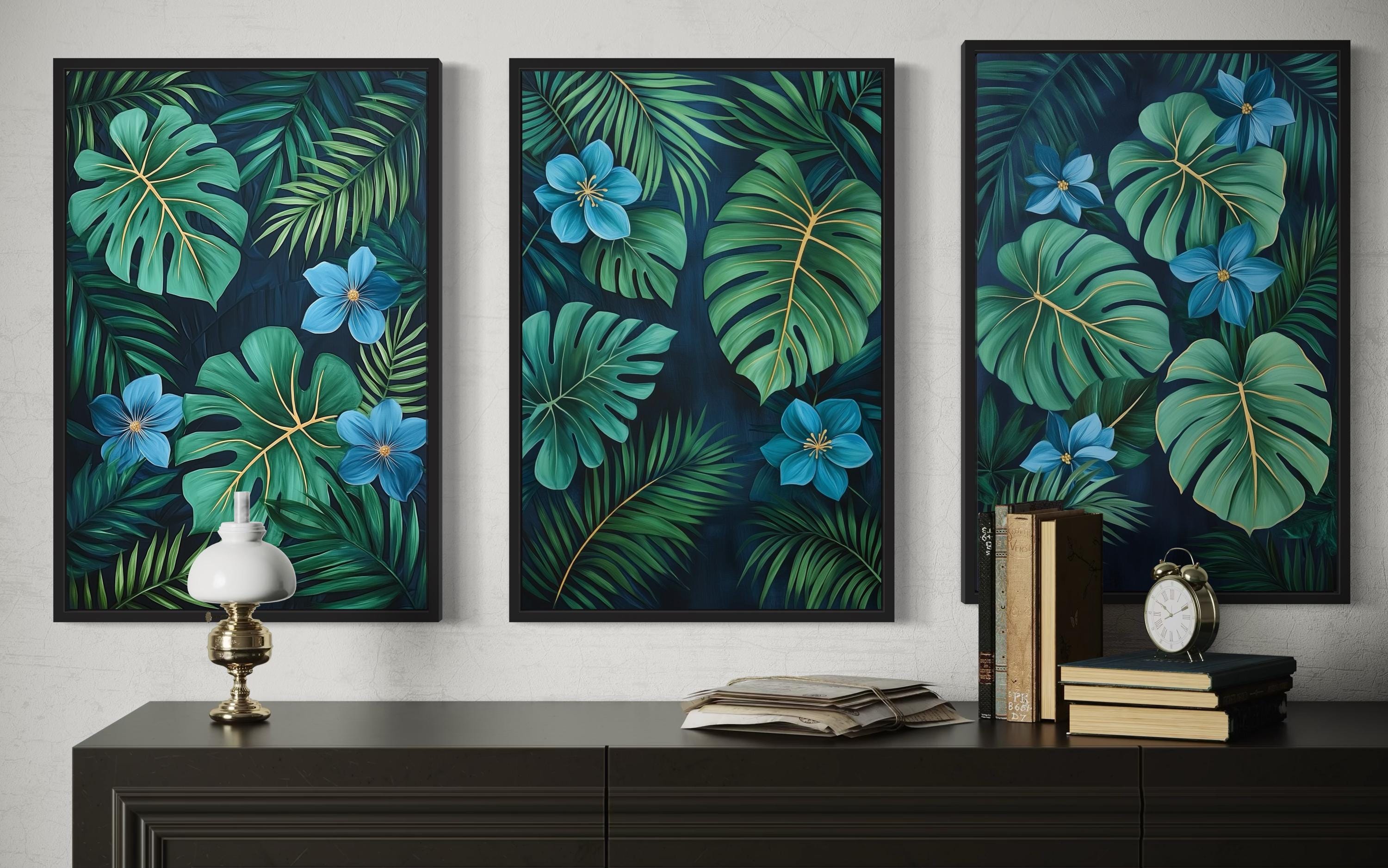 Rainforest Canvas Wall Art – Set of 3 Tropical Botanical Prints | Green Gold Blue
