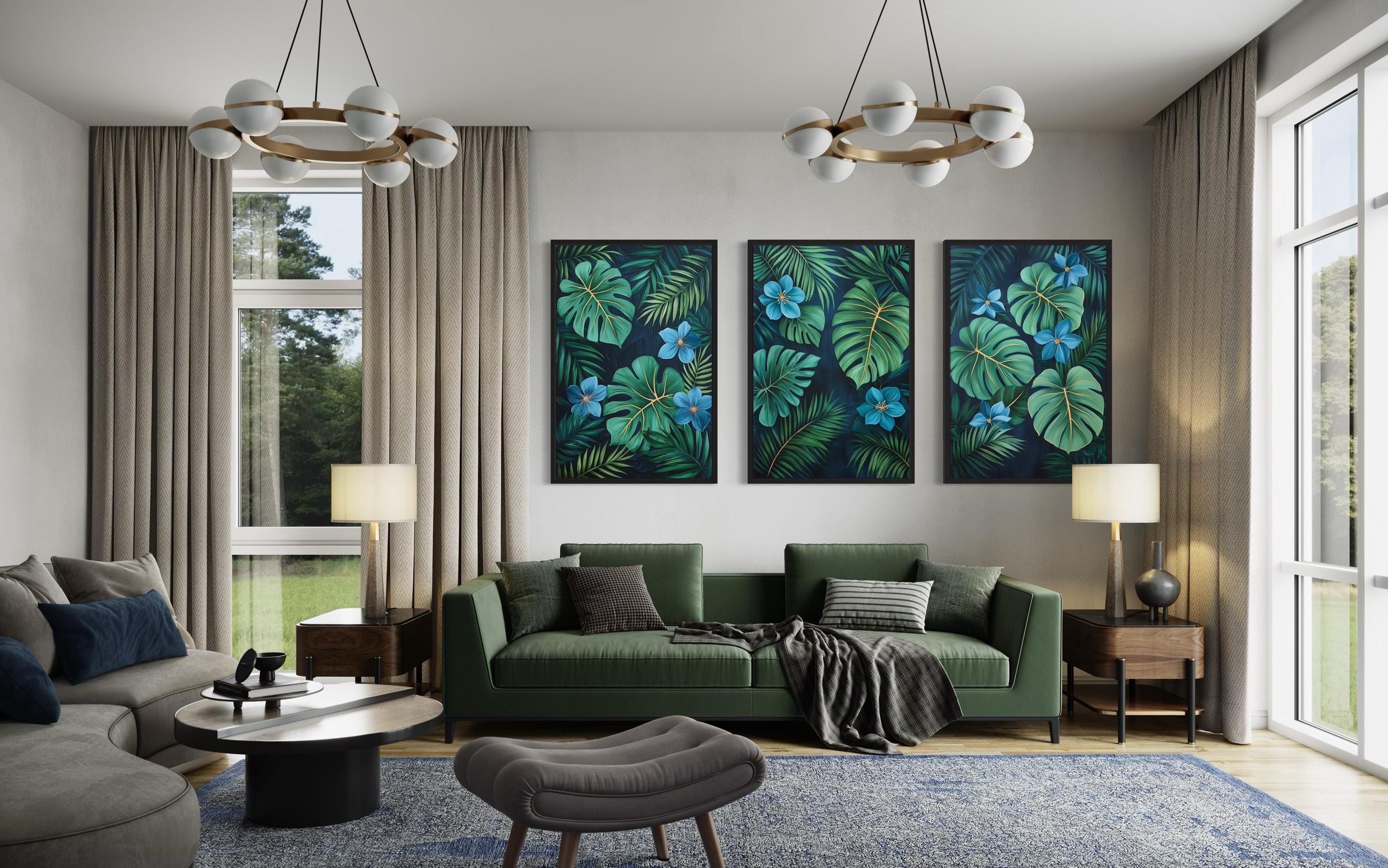 Rainforest Canvas Wall Art – Set of 3 Tropical Botanical Prints | Green Gold Blue