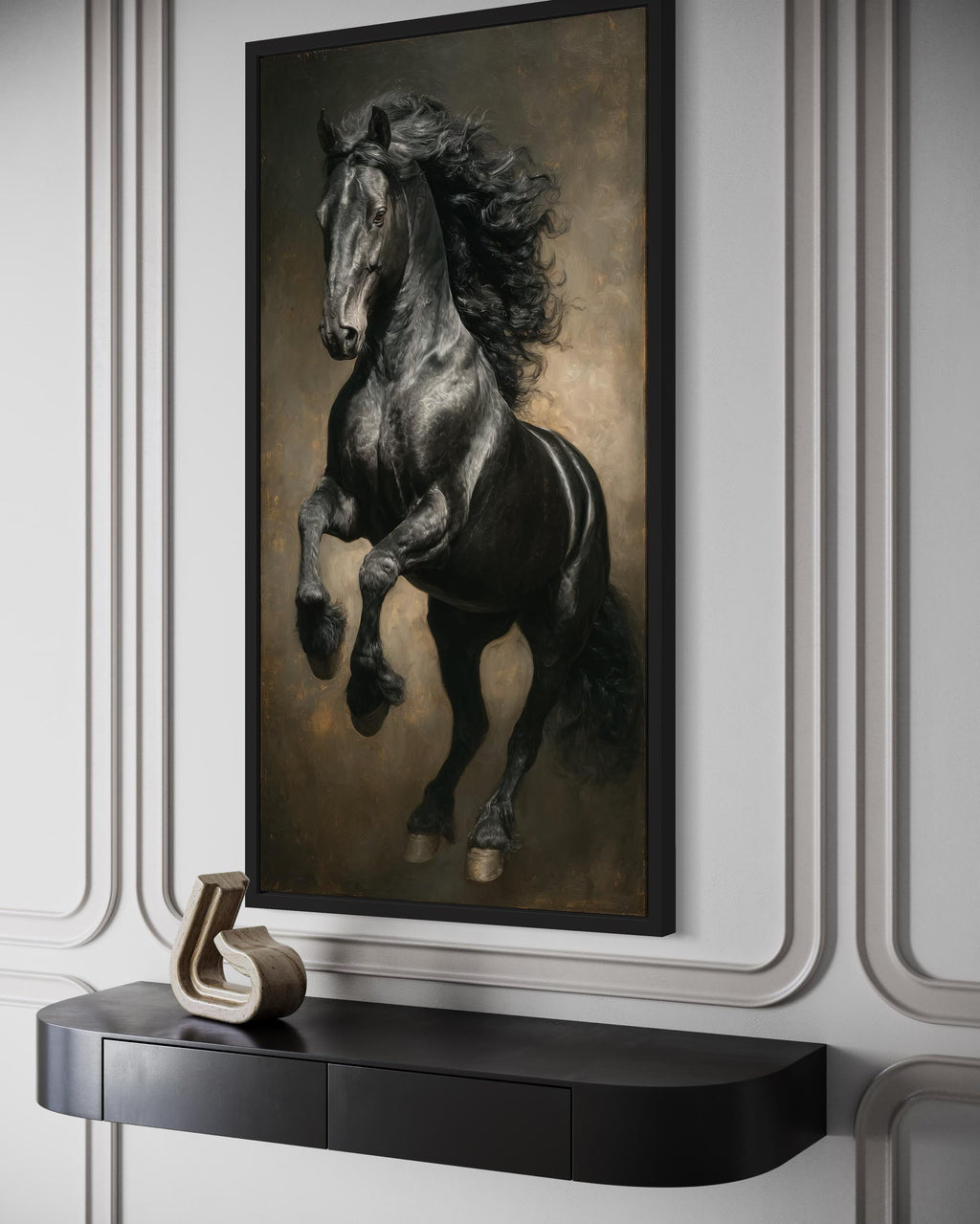 Rearing Black Stallion Framed Canvas Wall Art