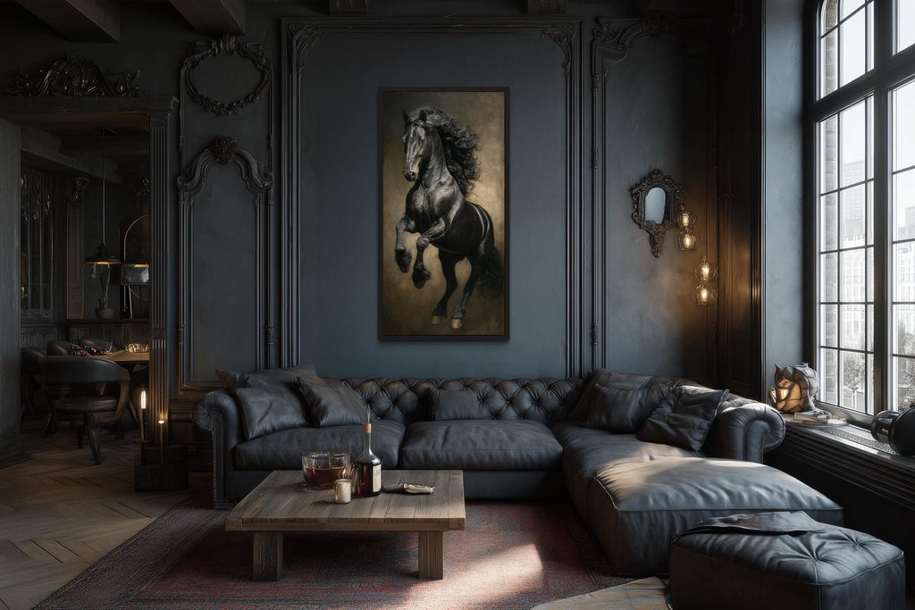 Rearing Black Stallion Framed Canvas Wall Art
