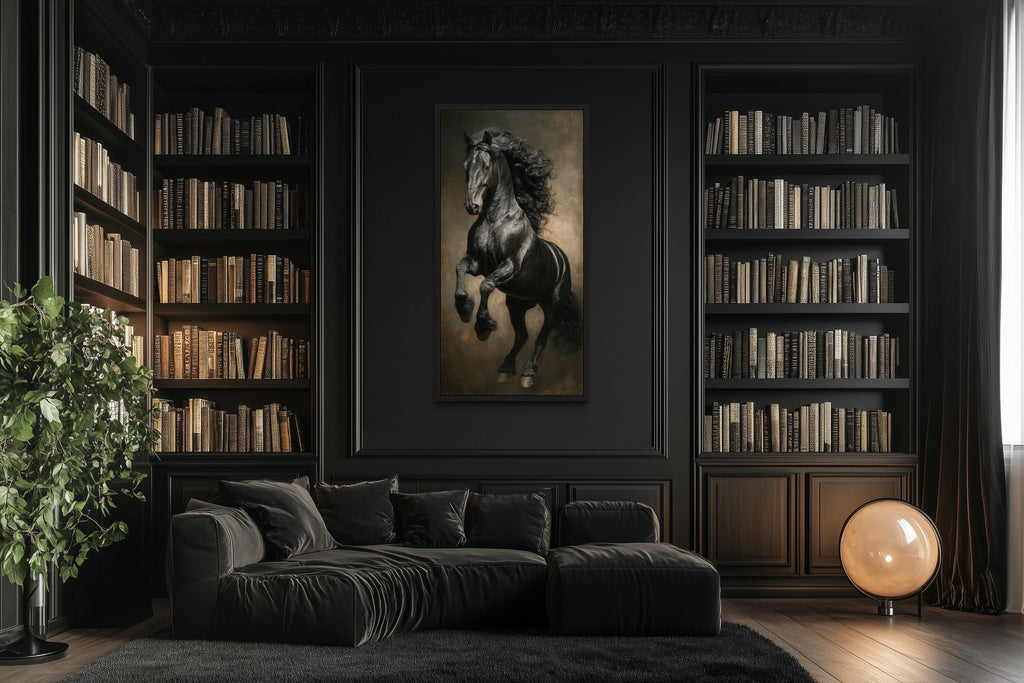 Rearing Black Stallion Framed Canvas Wall Art