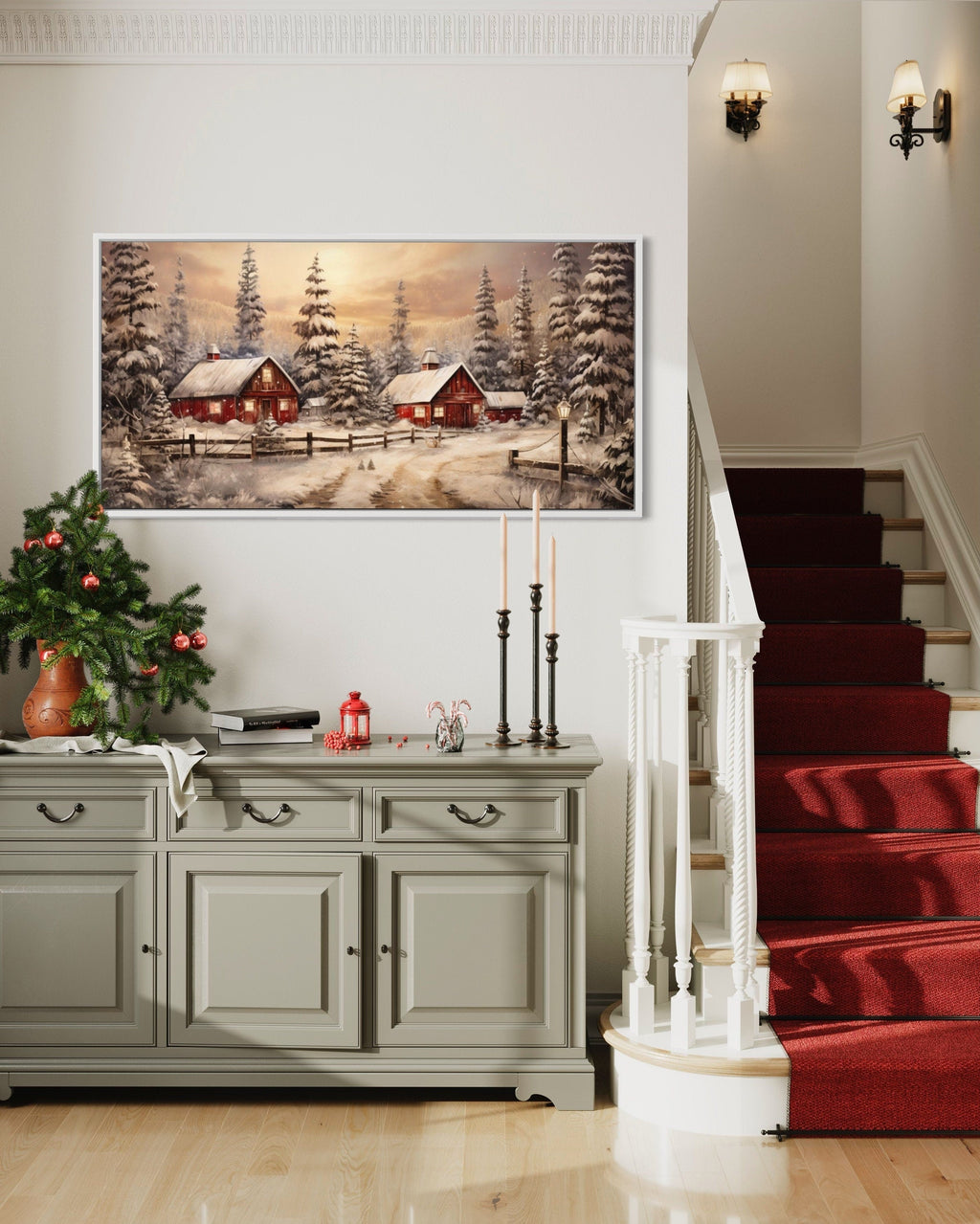 Red Barn Wall Art - Rustic Christmas Farm Art Framed Canvas for Cozy Farmhouse Decor